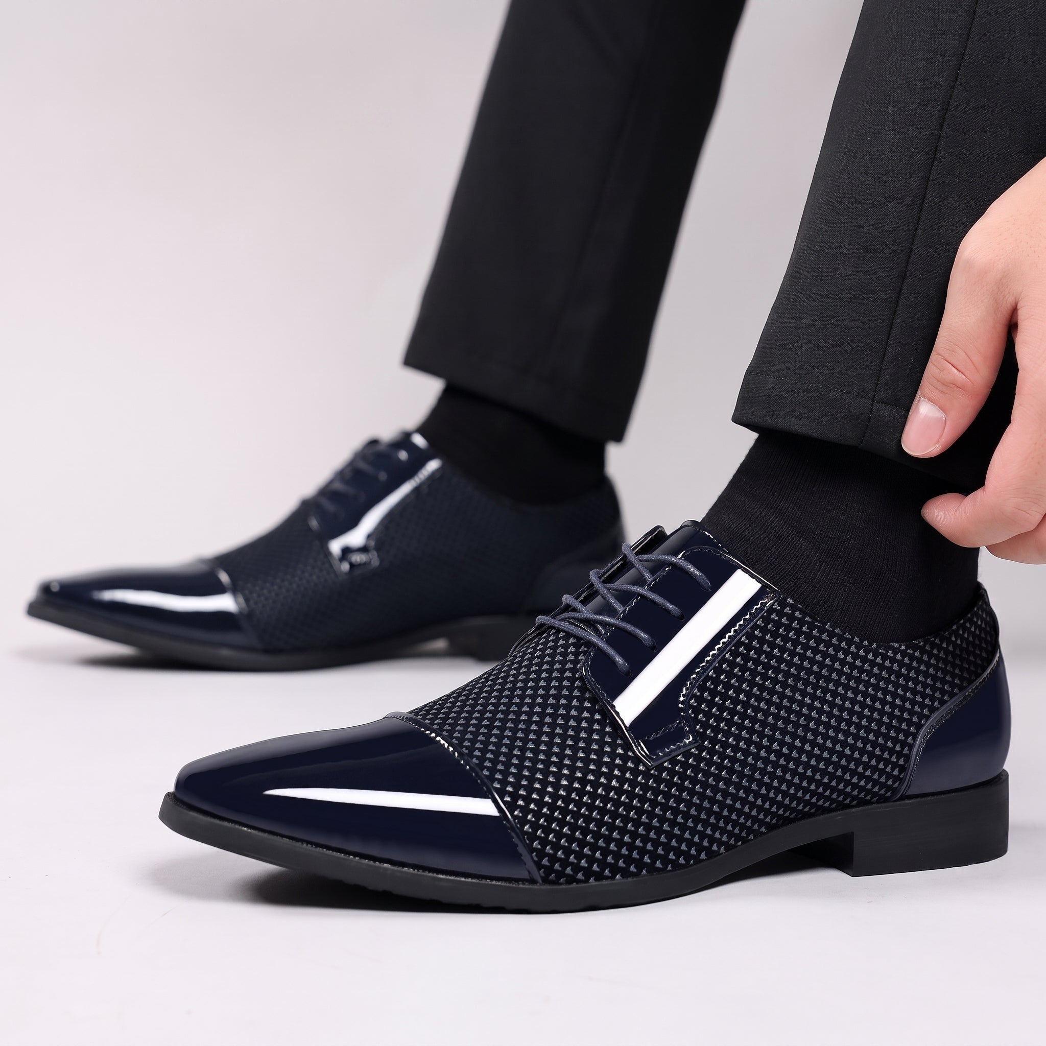 Benjamin - Men's Glossy Patent Toe Cap Wedding Shoes - Flats - Dark Blue - Parker&Brooks