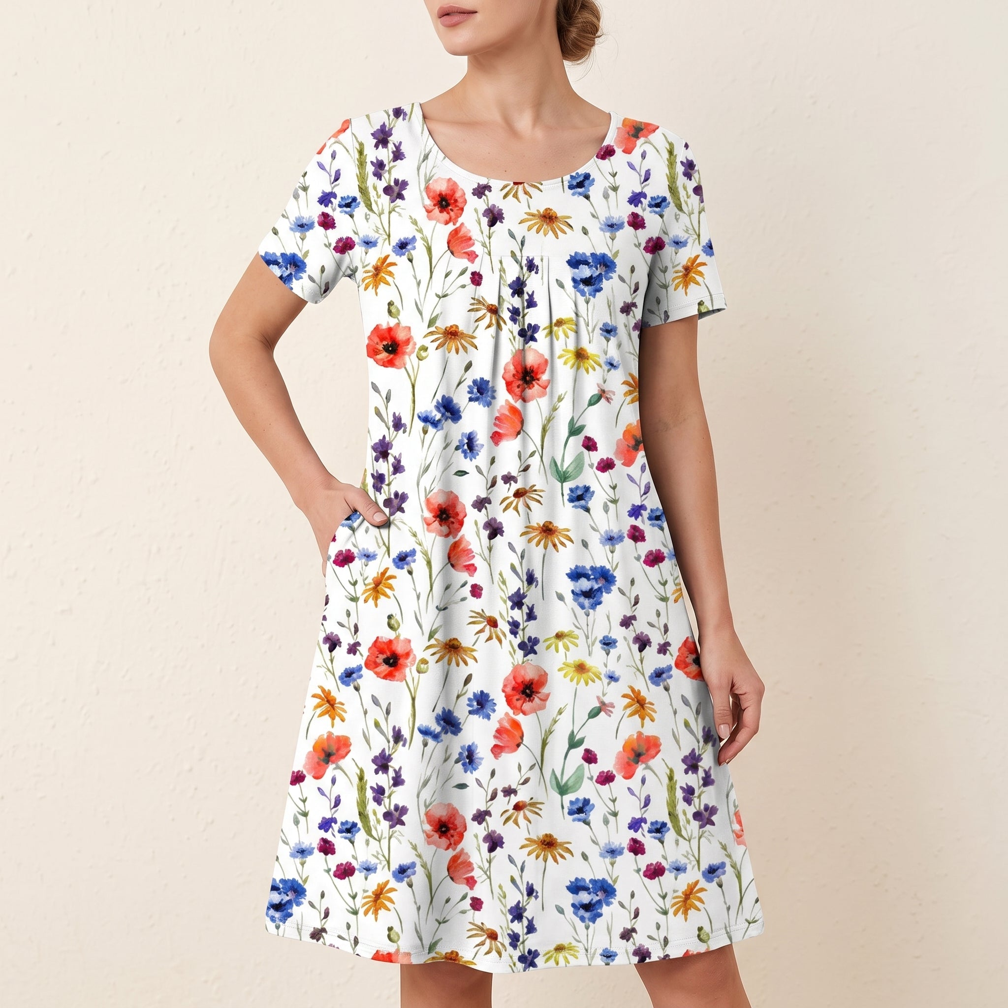 Bertha - Women's Summer Floral Scoop Neck Pleated Midi Dress - Dresses - Orange - Parker&Brooks