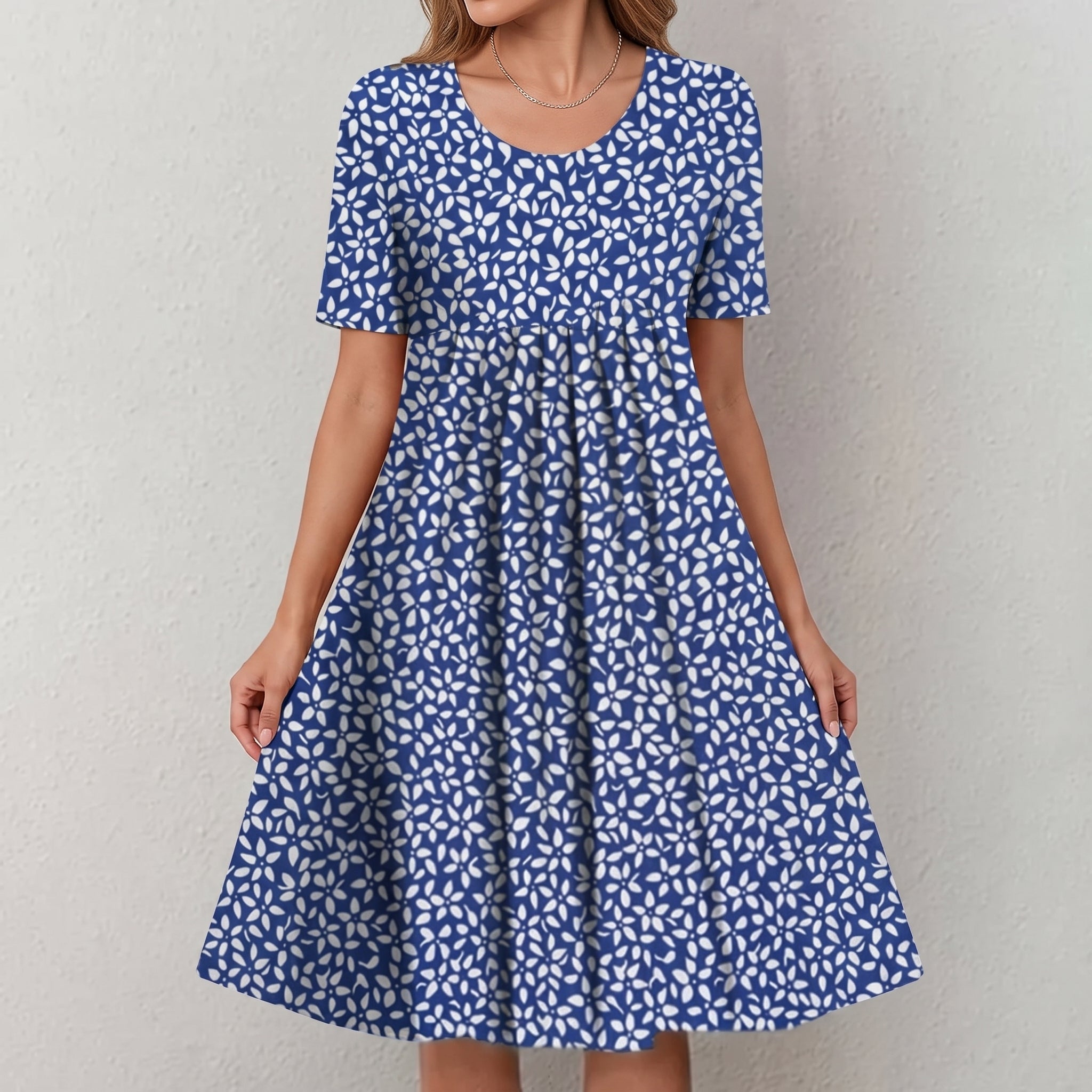 Bertha - Women's Summer Floral Scoop Neck Pleated Midi Dress - Dresses - Dark Blue - Parker&Brooks