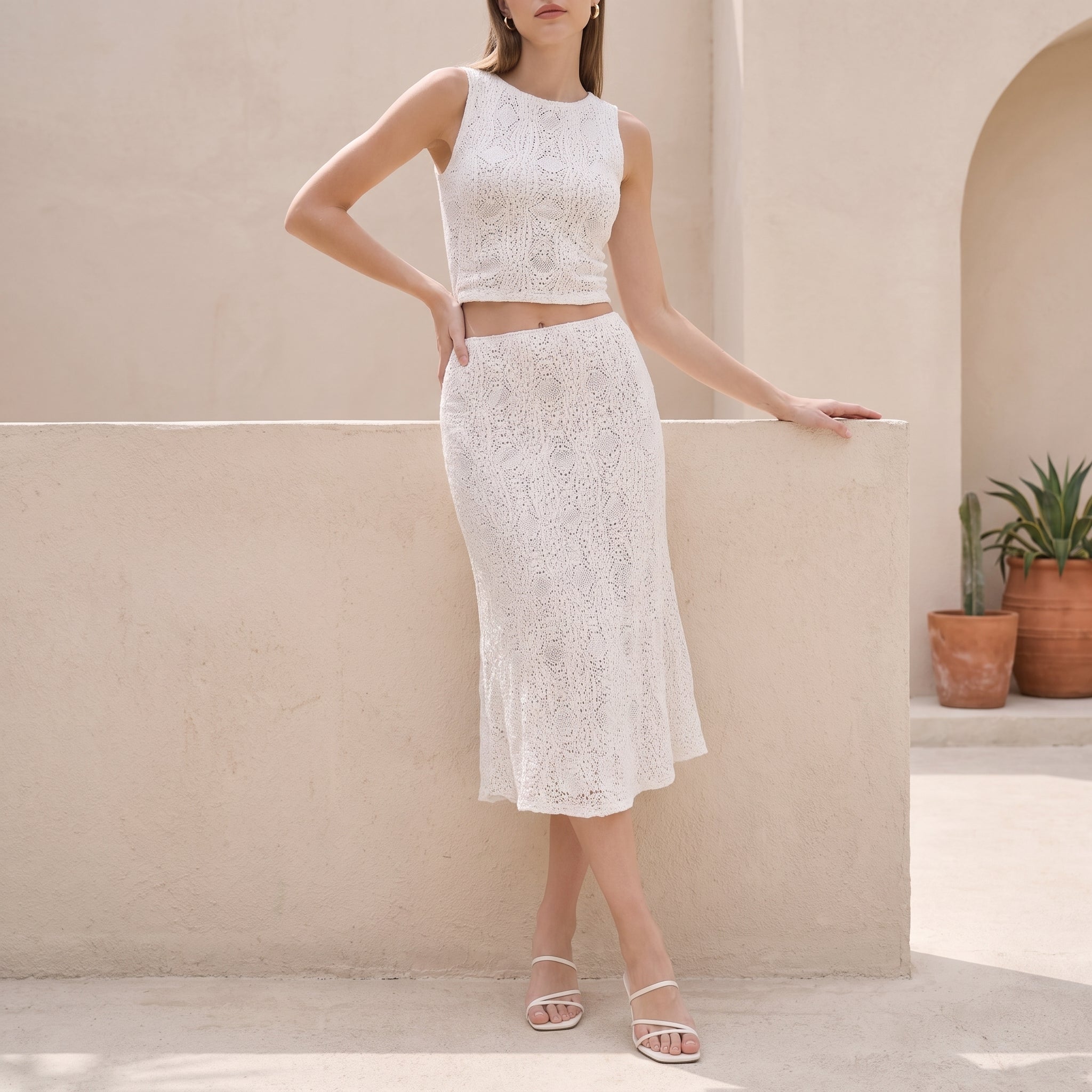 Bianca - Women's Crochet Lace Crop Top Flared Midi Skirt Co-ord Set - Outfit set - White - Parker&Brooks