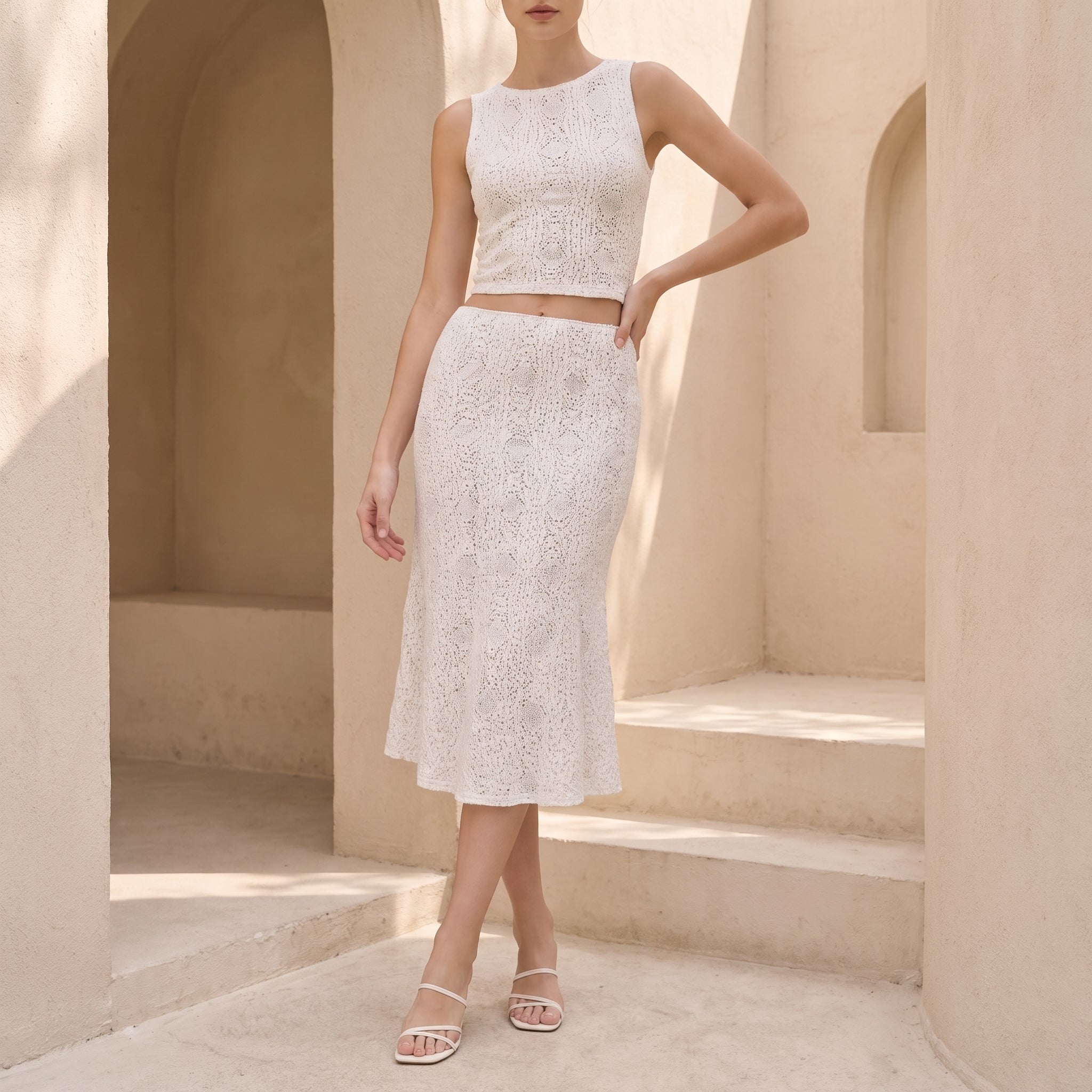 Bianca - Women's Crochet Lace Crop Top Flared Midi Skirt Co-ord Set - Outfit set - White - Parker&Brooks
