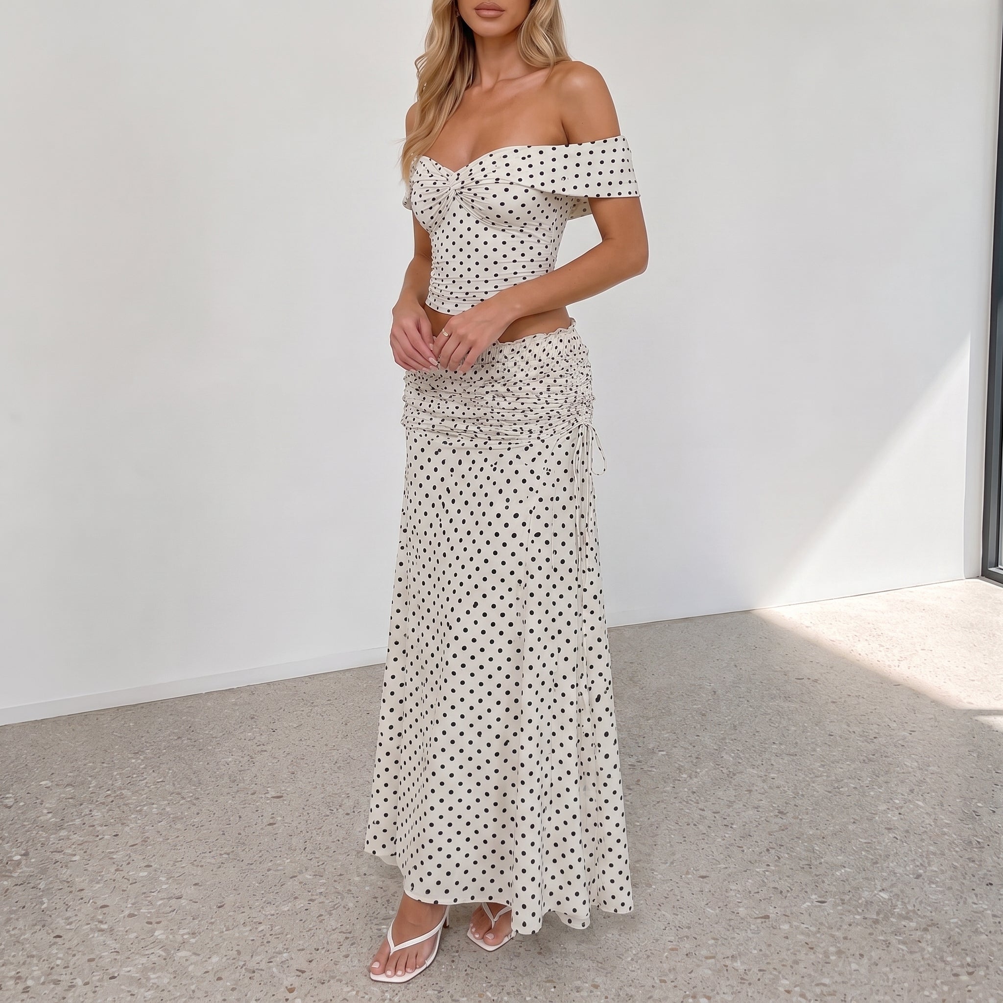 Bianca - Women's Summer Polka Dot Off-Shoulder Co-ord Set - Outfit set - White - Parker&Brooks
