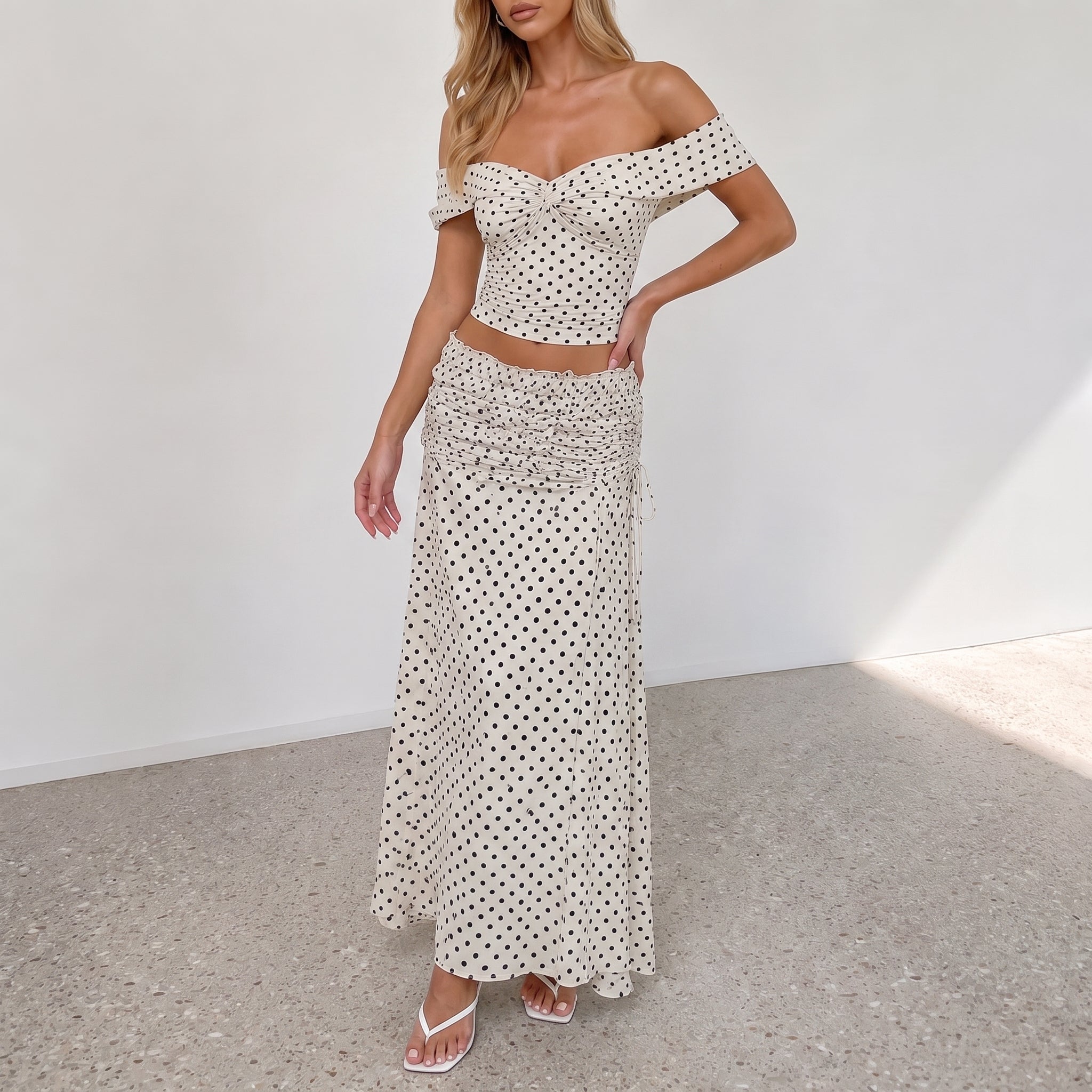 Bianca - Women's Summer Polka Dot Off-Shoulder Co-ord Set - Outfit set - White - Parker&Brooks