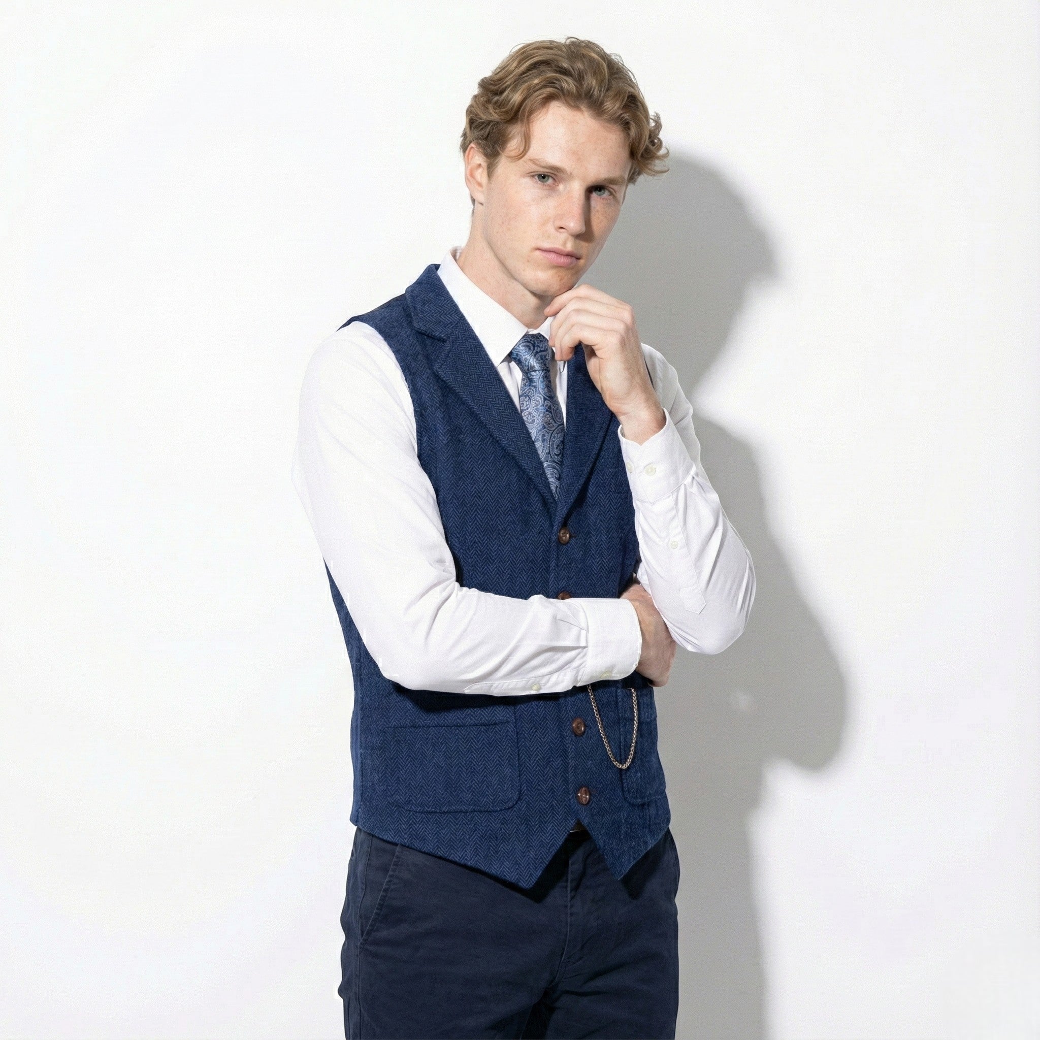 Men's Tweed Herringbone Vest with Notch Lapel and Six-Button Front