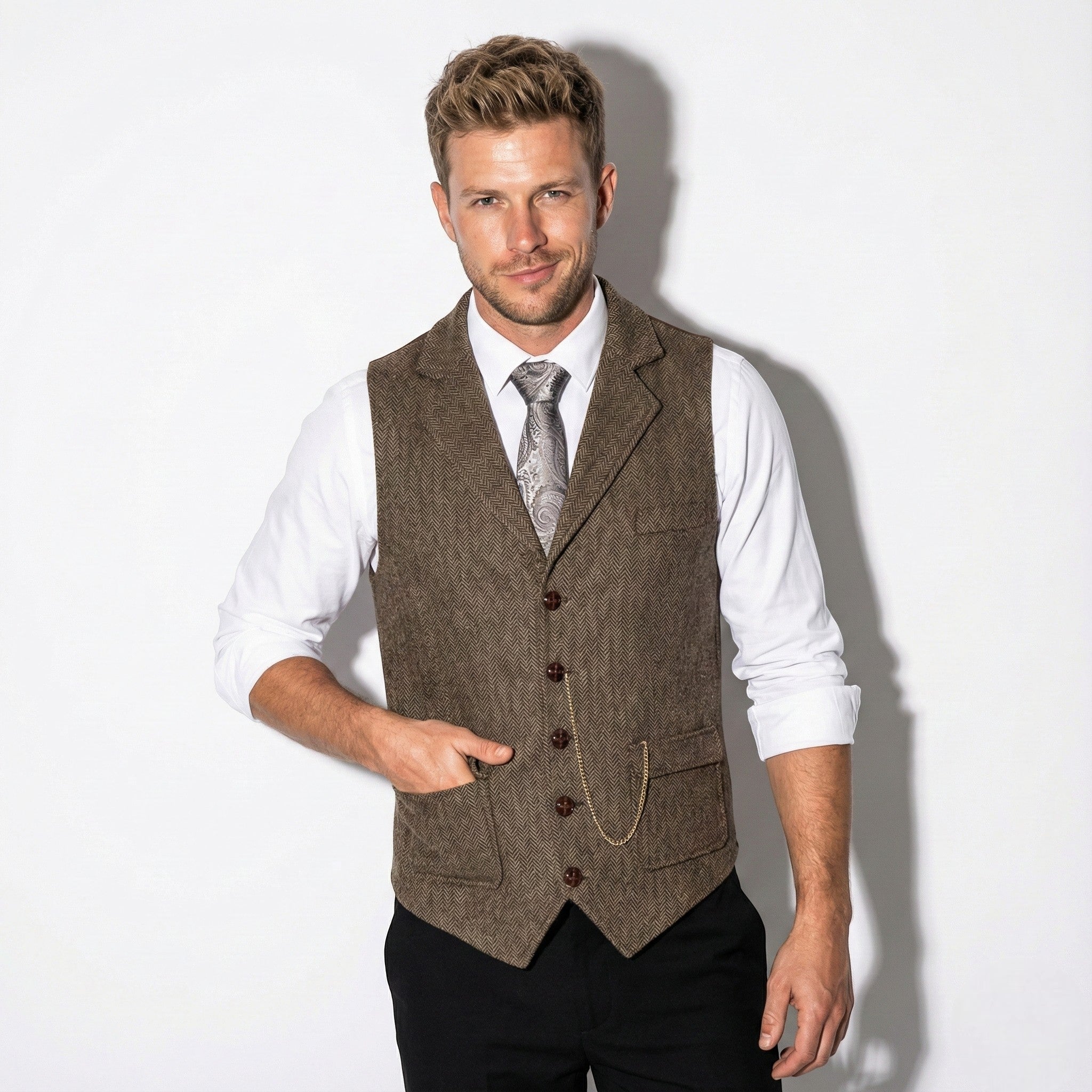 Men's Tweed Herringbone Vest with Notch Lapel and Six-Button Front