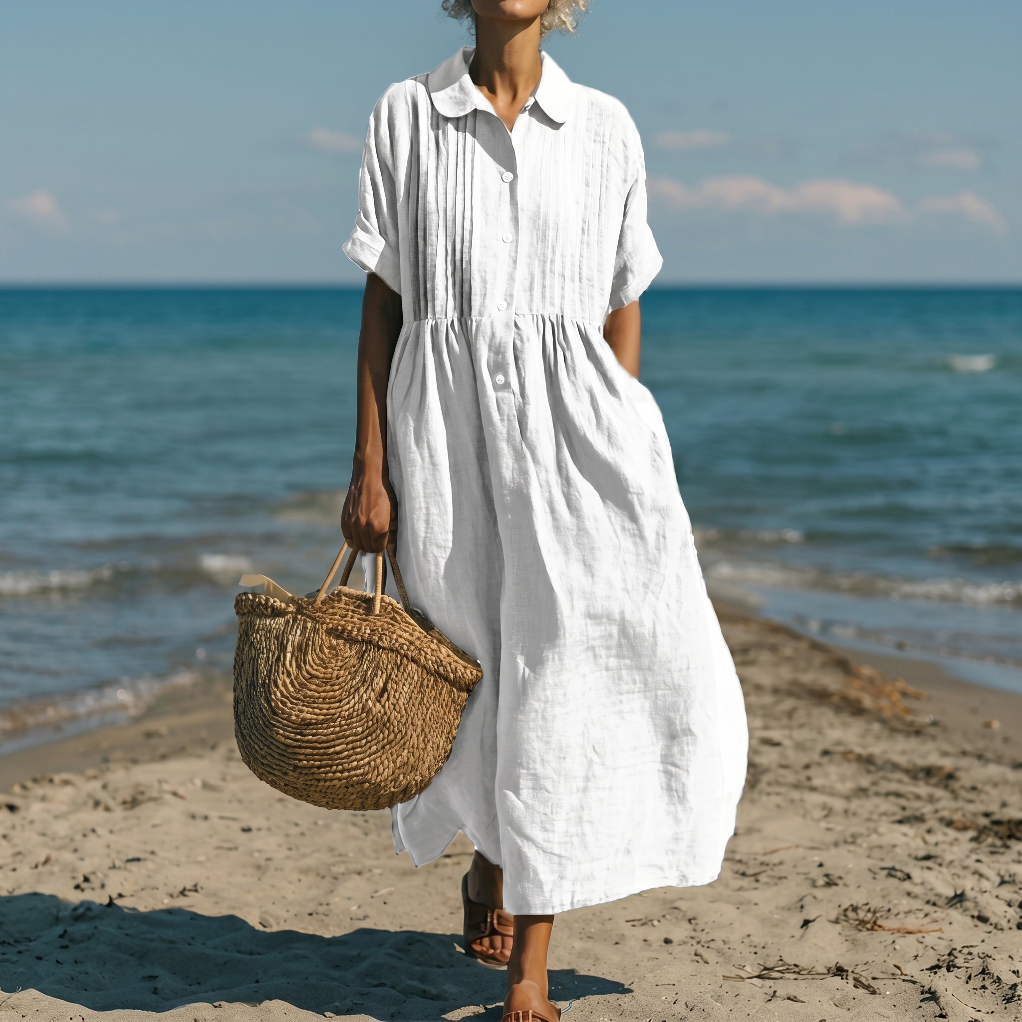 Brigitte - Women's Summer Pintuck Midi Shirt Dress - Dresses - White - Parker&Brooks