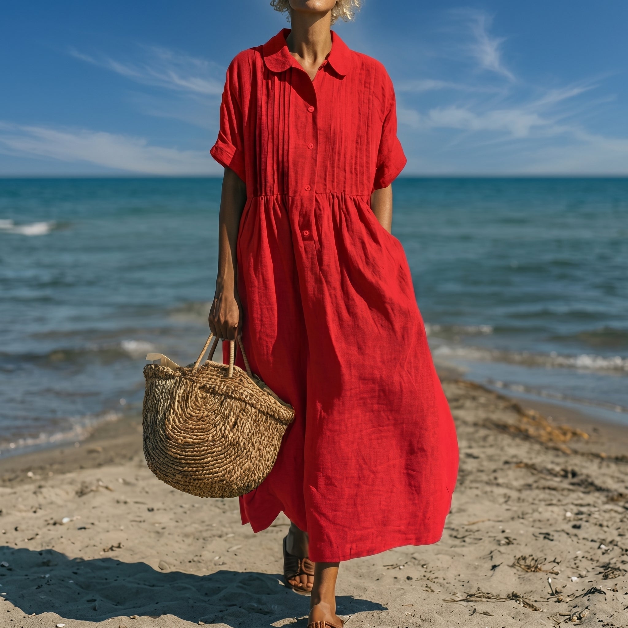 Brigitte - Women's Summer Pintuck Midi Shirt Dress