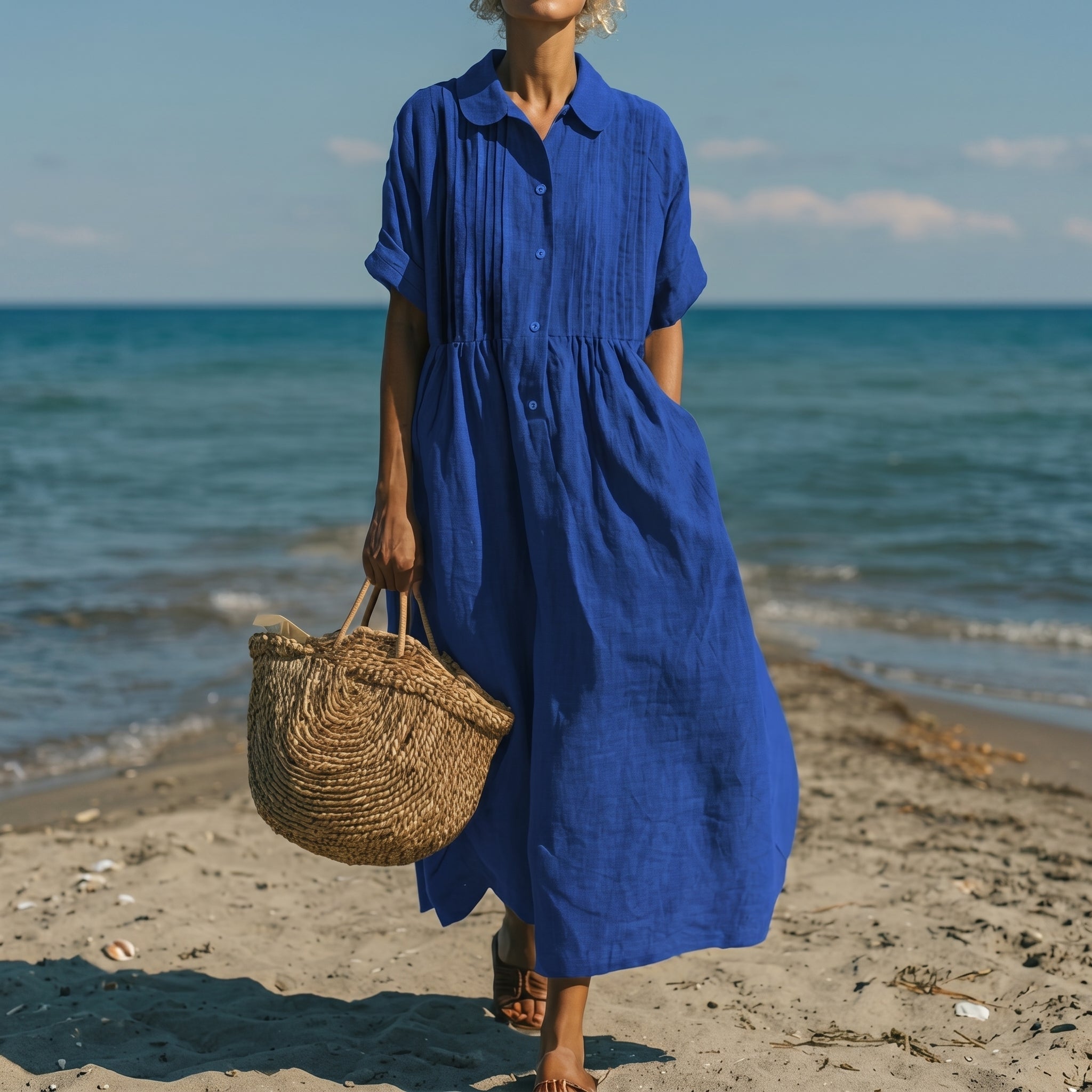 Brigitte - Women's Summer Pintuck Midi Shirt Dress