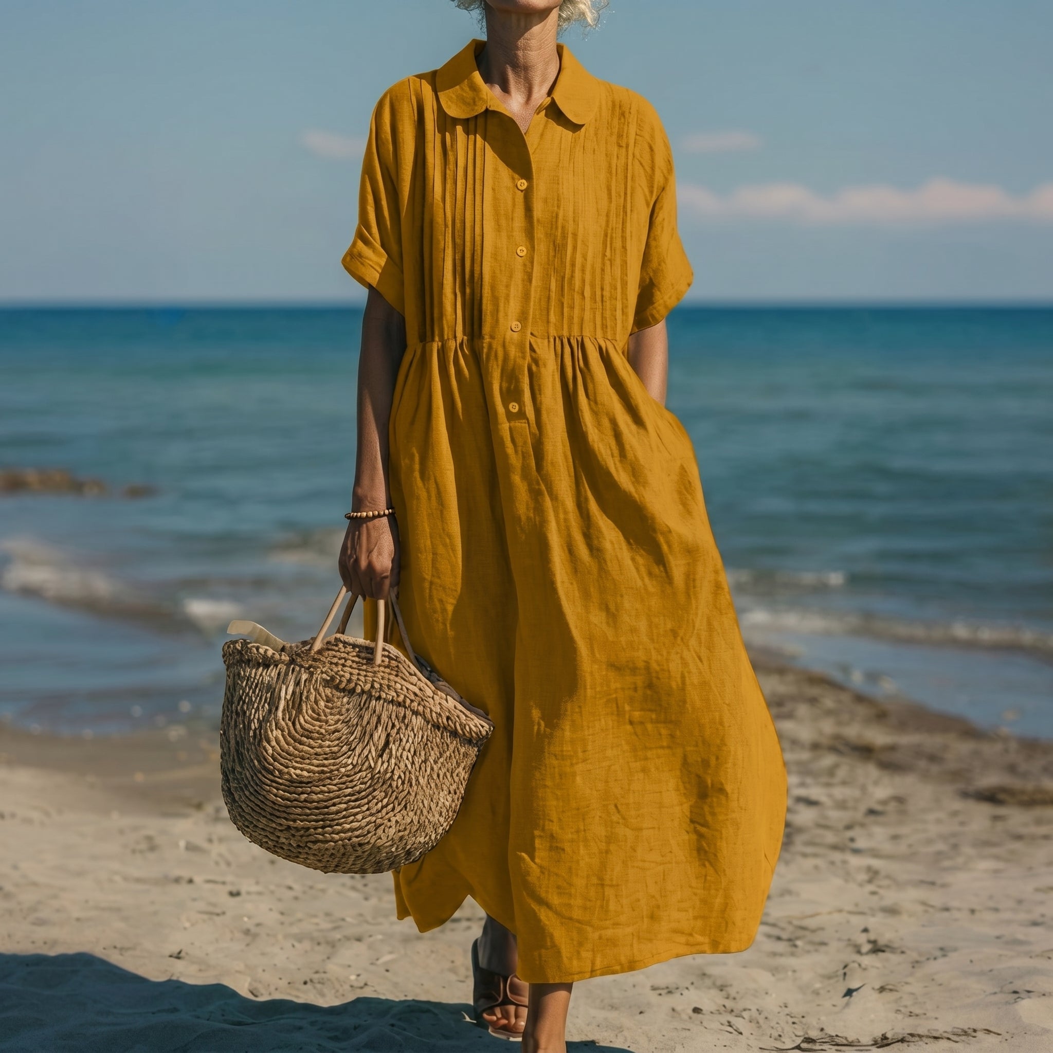 Brigitte - Women's Summer Pintuck Midi Shirt Dress
