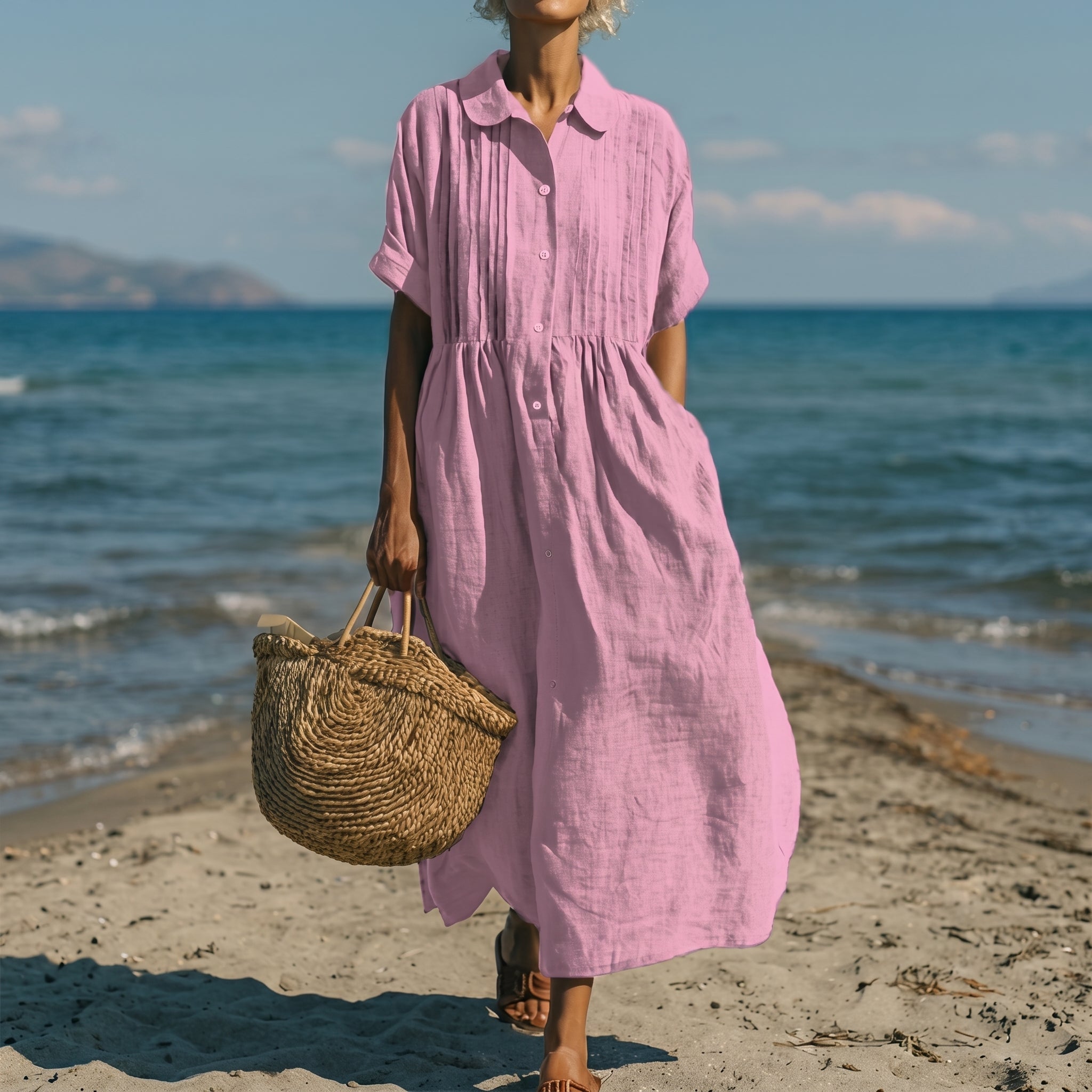 Brigitte - Women's Summer Pintuck Midi Shirt Dress