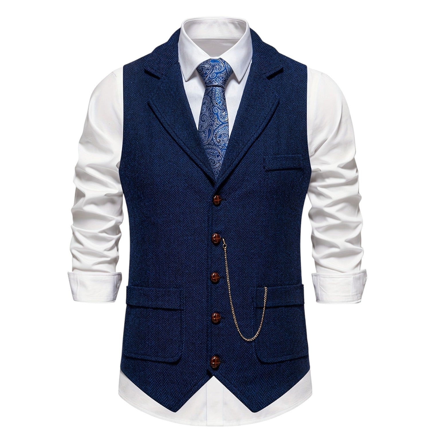 Men's Tweed Herringbone Vest with Notch Lapel and Six-Button Front