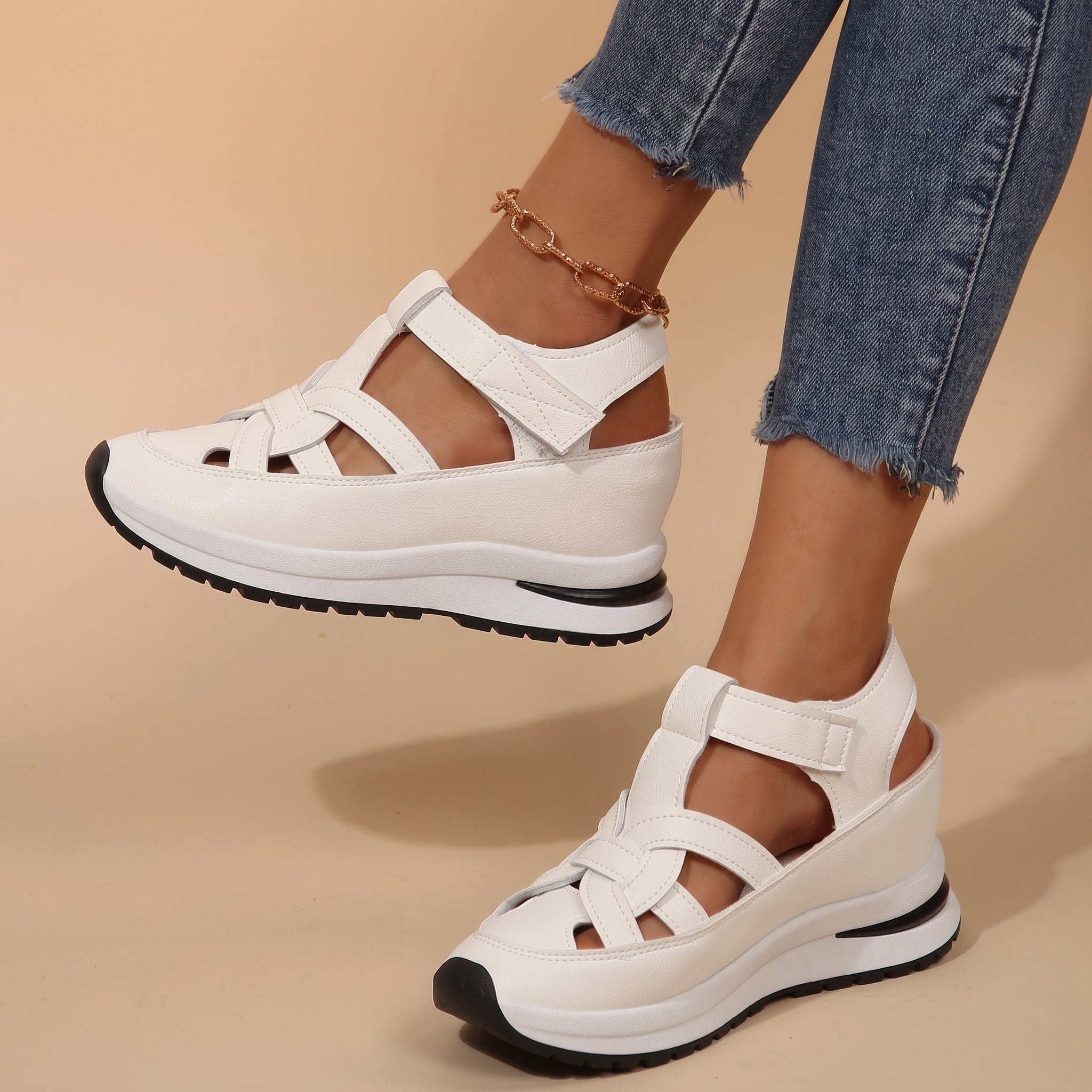 Carolina - Women's Orthopedic Cut-Out Strap Platform Sandals - Sandals - White - Parker&Brooks