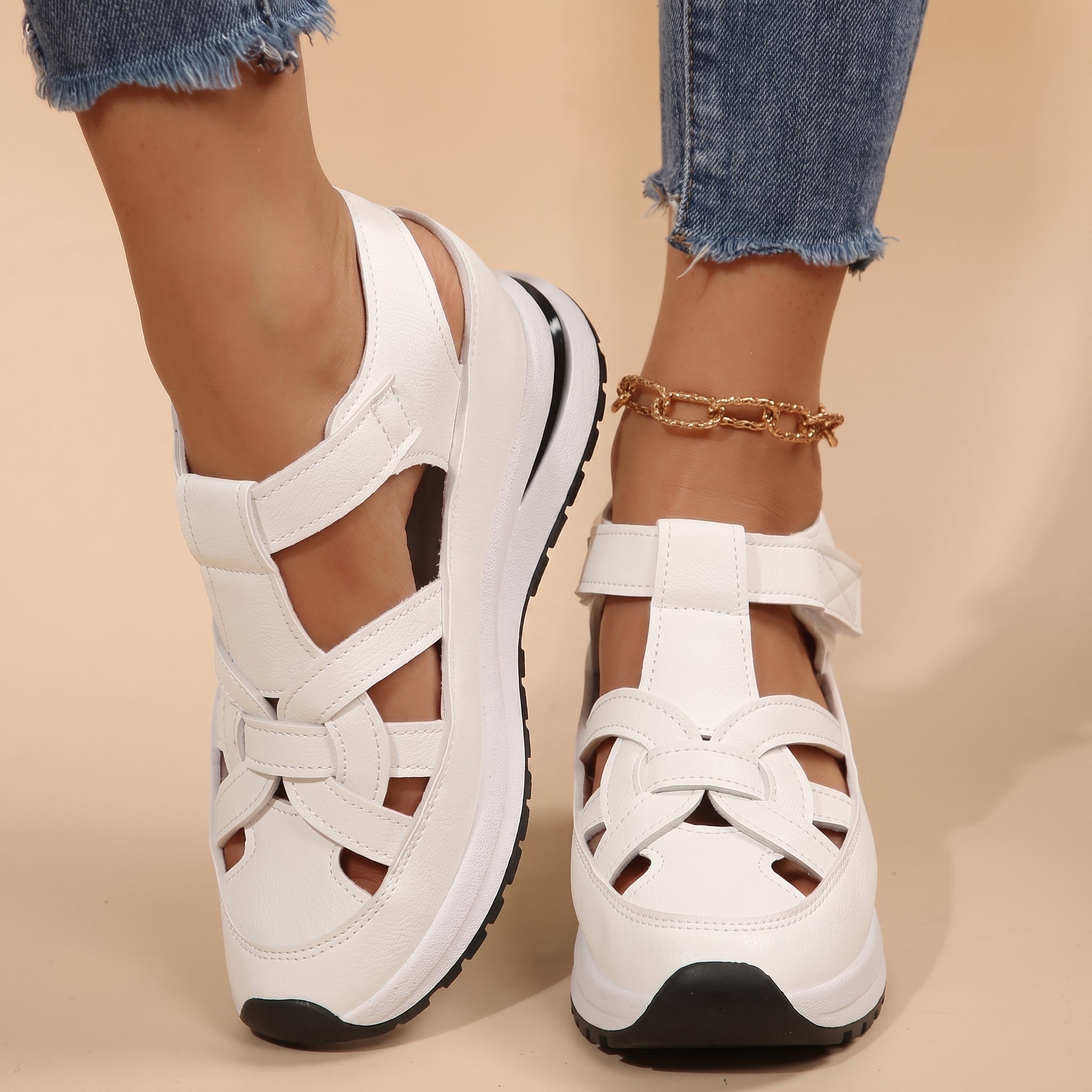 Carolina - Women's Orthopedic Cut-Out Strap Platform Sandals - Sandals - White - Parker&Brooks