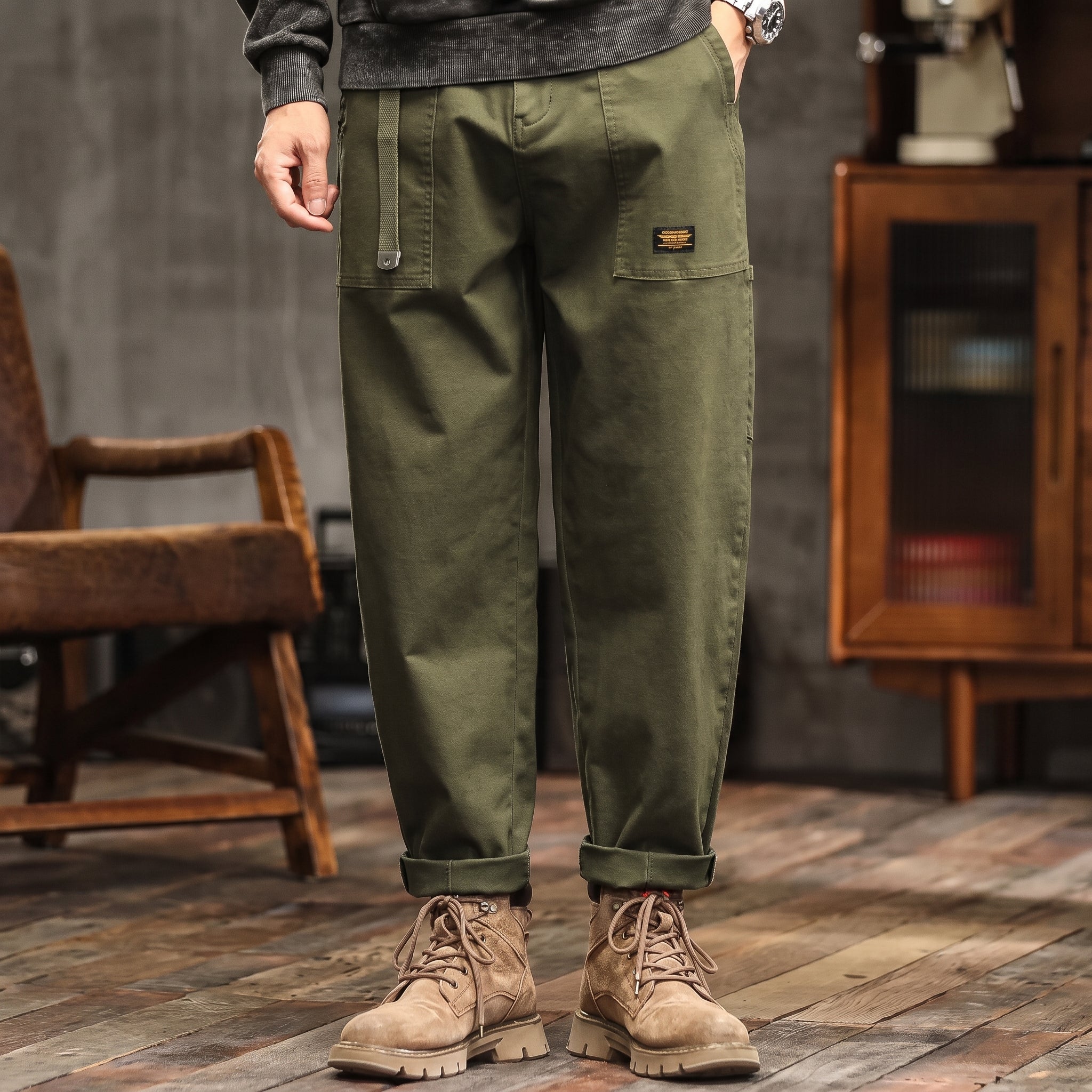 Charlie - Men's Relaxed Fit Cargo Trousers with Flap Pockets - Cargo Pants - Army Green - Parker&Brooks