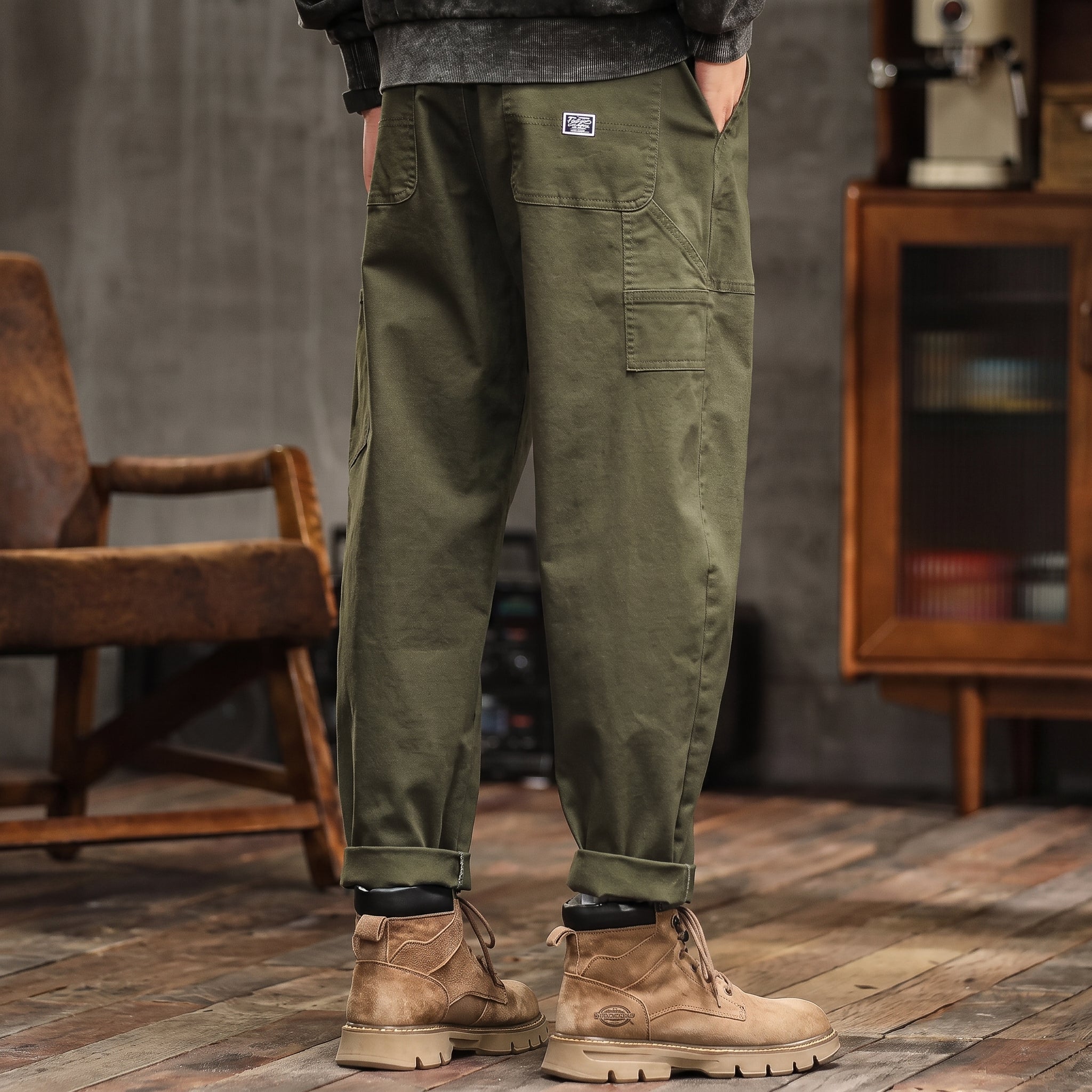 Charlie - Men's Relaxed Fit Cargo Trousers with Flap Pockets - Cargo Pants - Army Green - Parker&Brooks