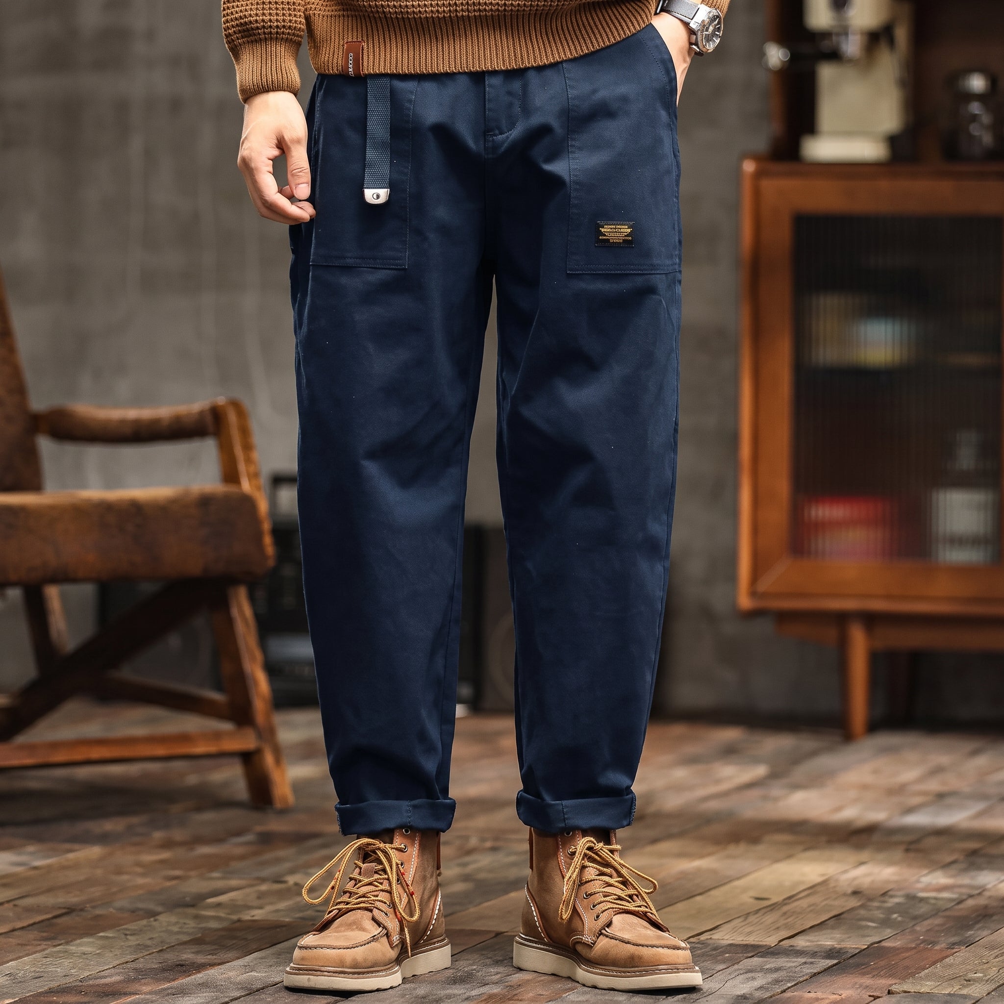 Charlie - Men's Relaxed Fit Cargo Trousers with Flap Pockets - Cargo Pants - Blue - Parker&Brooks