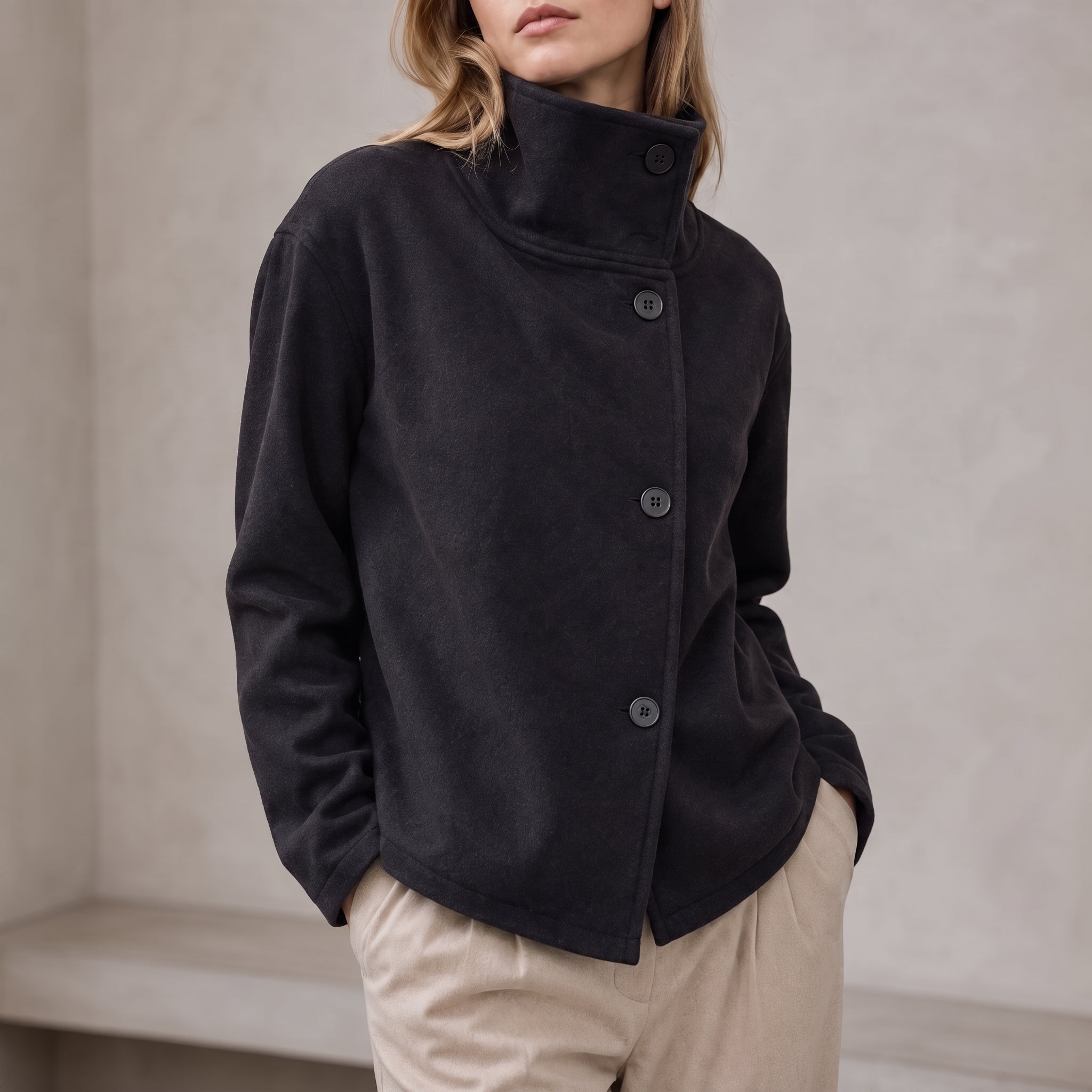 Charlotte - Women's Boxy Cropped Funnel Neck Coat - Overcoats - Black - Parker&Brooks