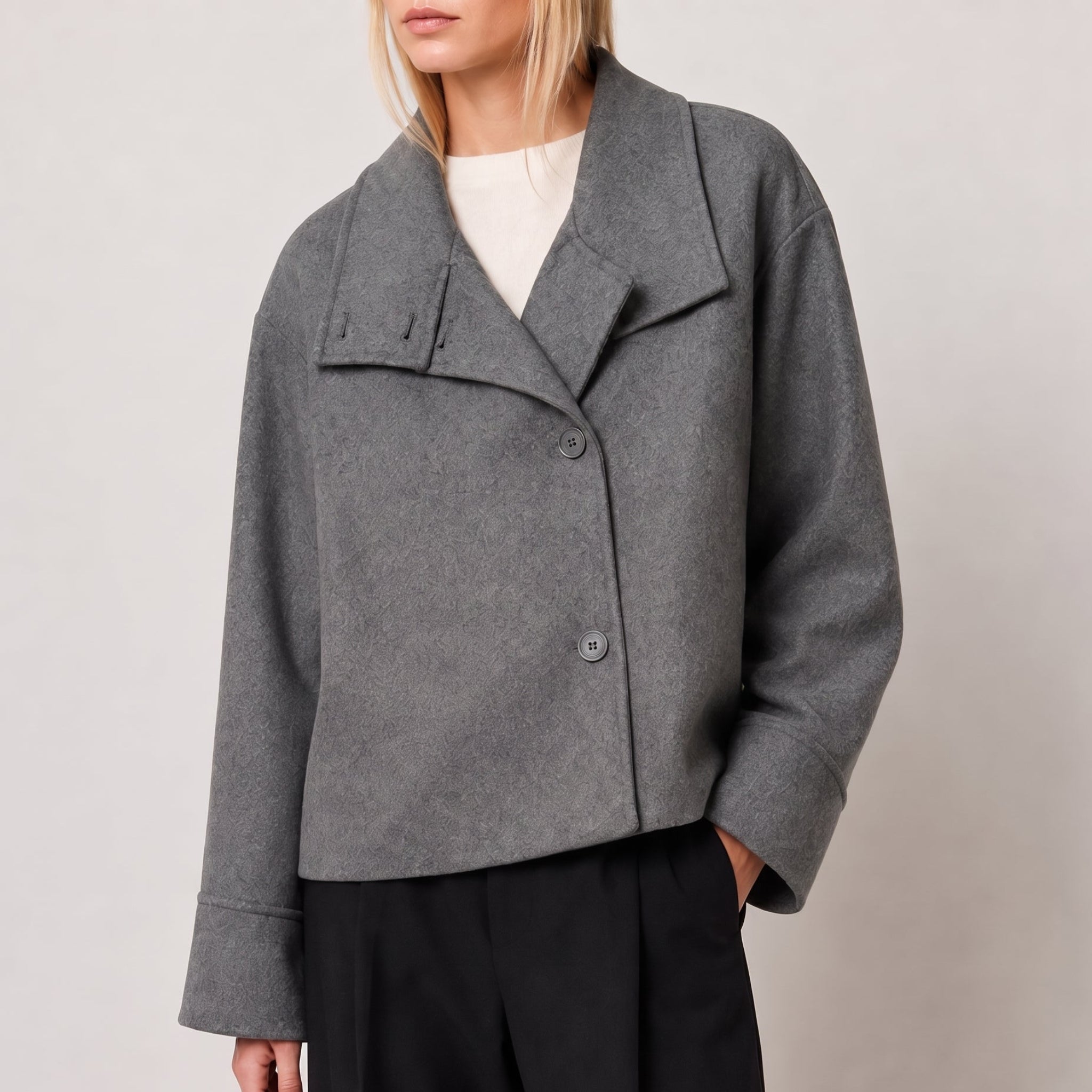 Charlotte - Women's Boxy Cropped Funnel Neck Coat - Overcoats - Dark Gray - Parker&Brooks
