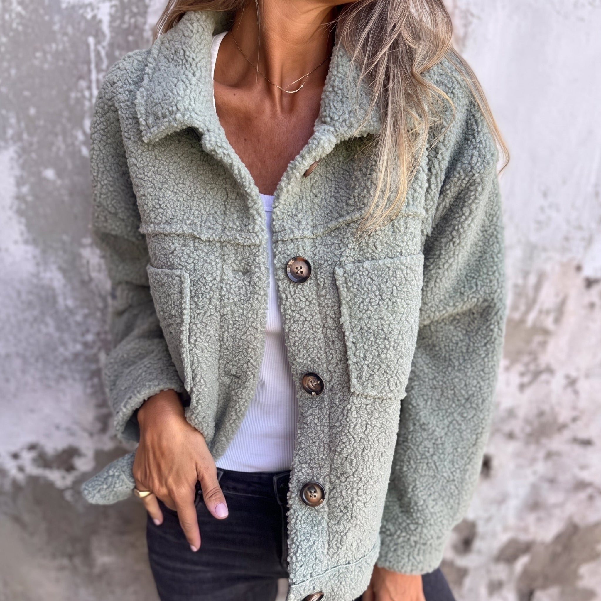 Charlotte - Women's Boxy Textured Jacket with Wide Collar - Jackets - Green - Parker&Brooks