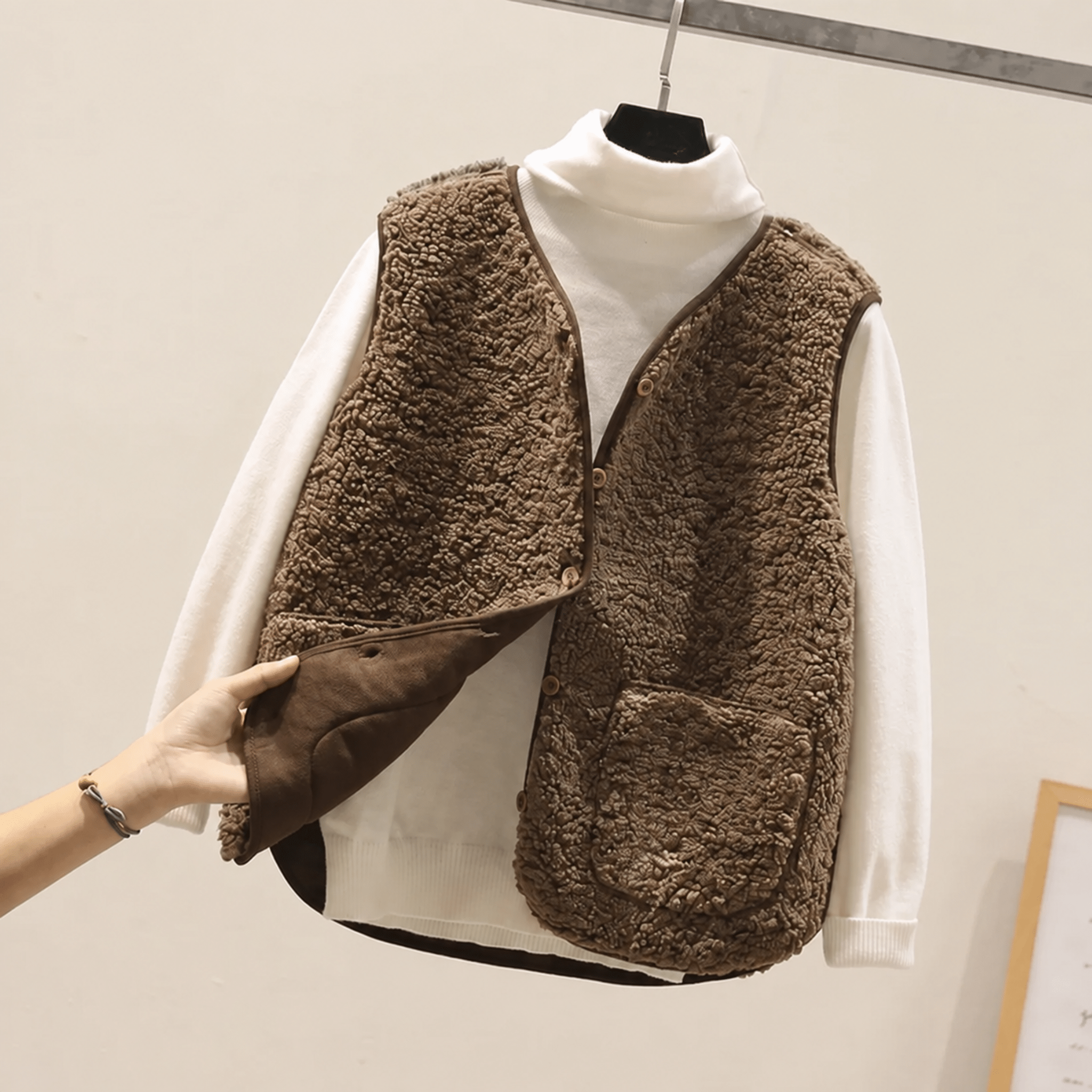 Charlotte - Women's Cropped Collarless Teddy Vest - Vests - Brown - Parker&Brooks