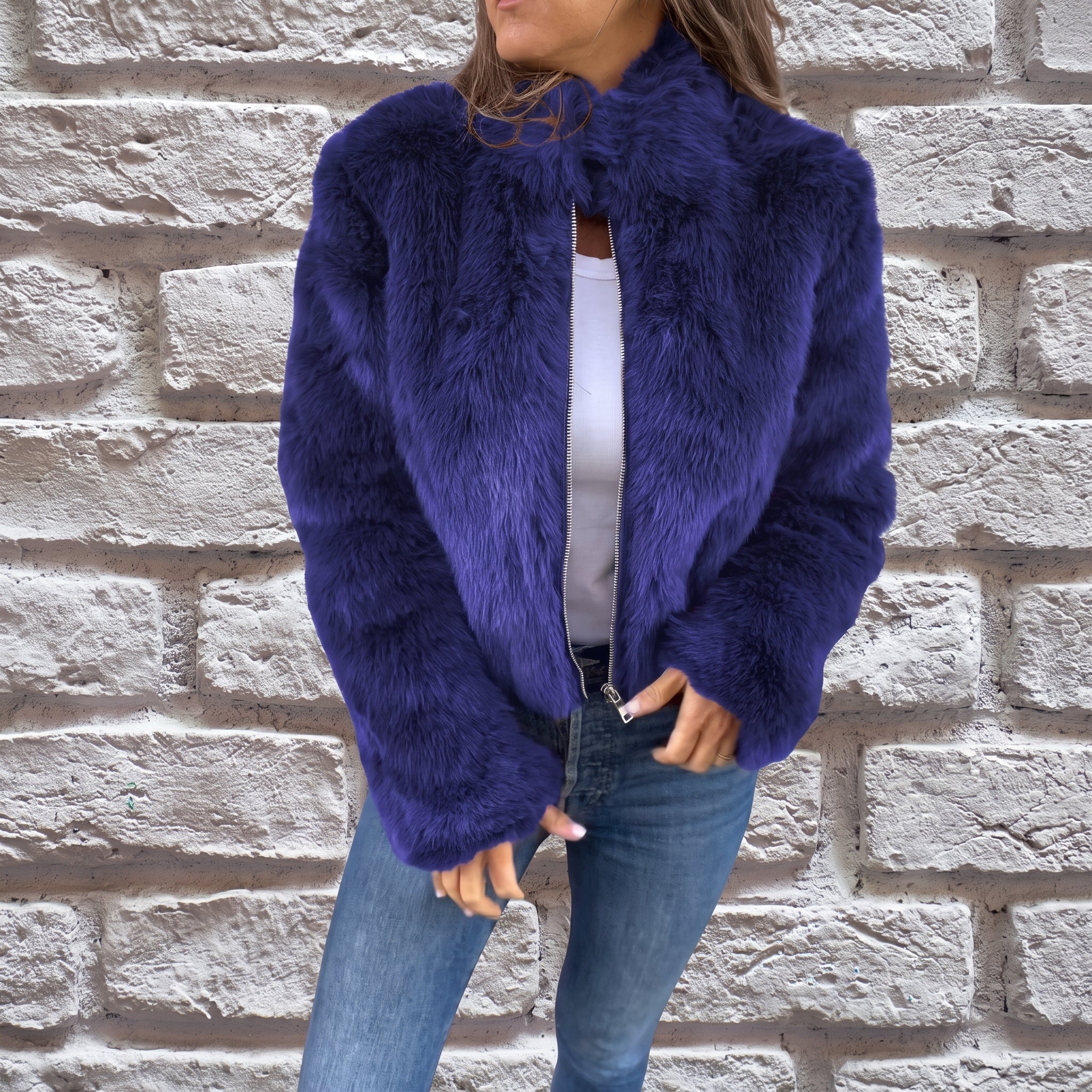 Charlotte - Women's Cropped Fluffy Jacket with Stand Collar - Wrap Coat - Blue - Parker&Brooks