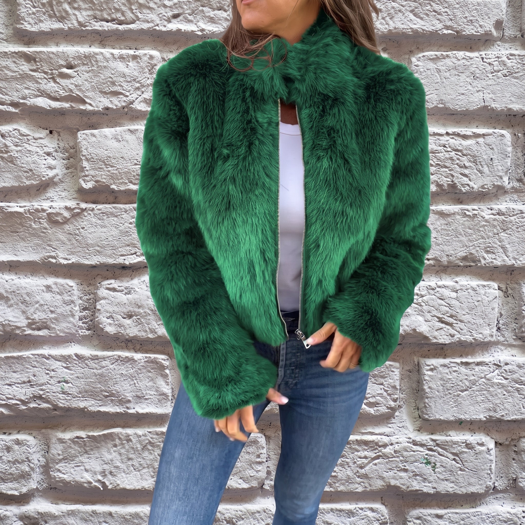 Charlotte - Women's Cropped Fluffy Jacket with Stand Collar - Wrap Coat - Green - Parker&Brooks