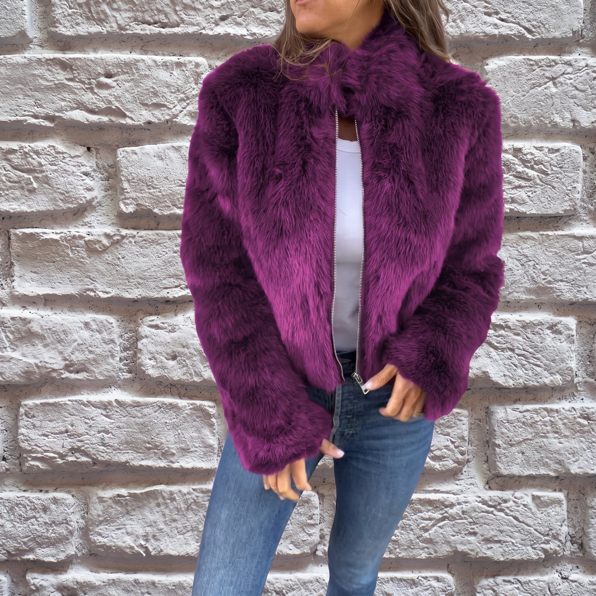 Charlotte - Women's Cropped Fluffy Jacket with Stand Collar - Wrap Coat - Purple - Parker&Brooks