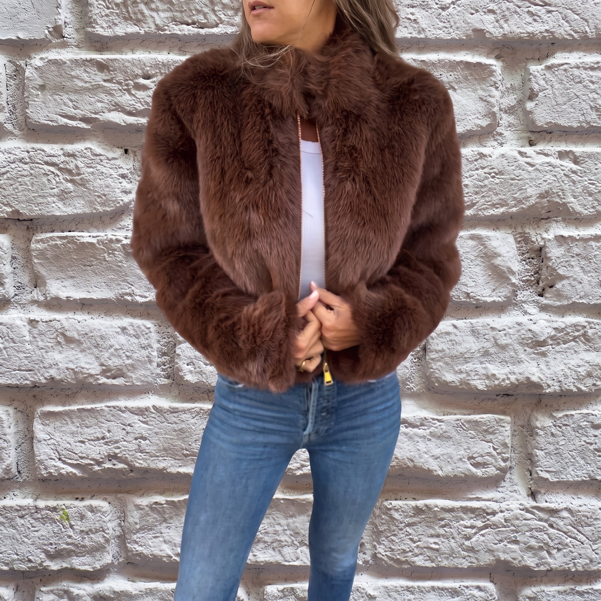Charlotte - Women's Cropped Fluffy Jacket with Stand Collar - Wrap Coat - Brown - Parker&Brooks