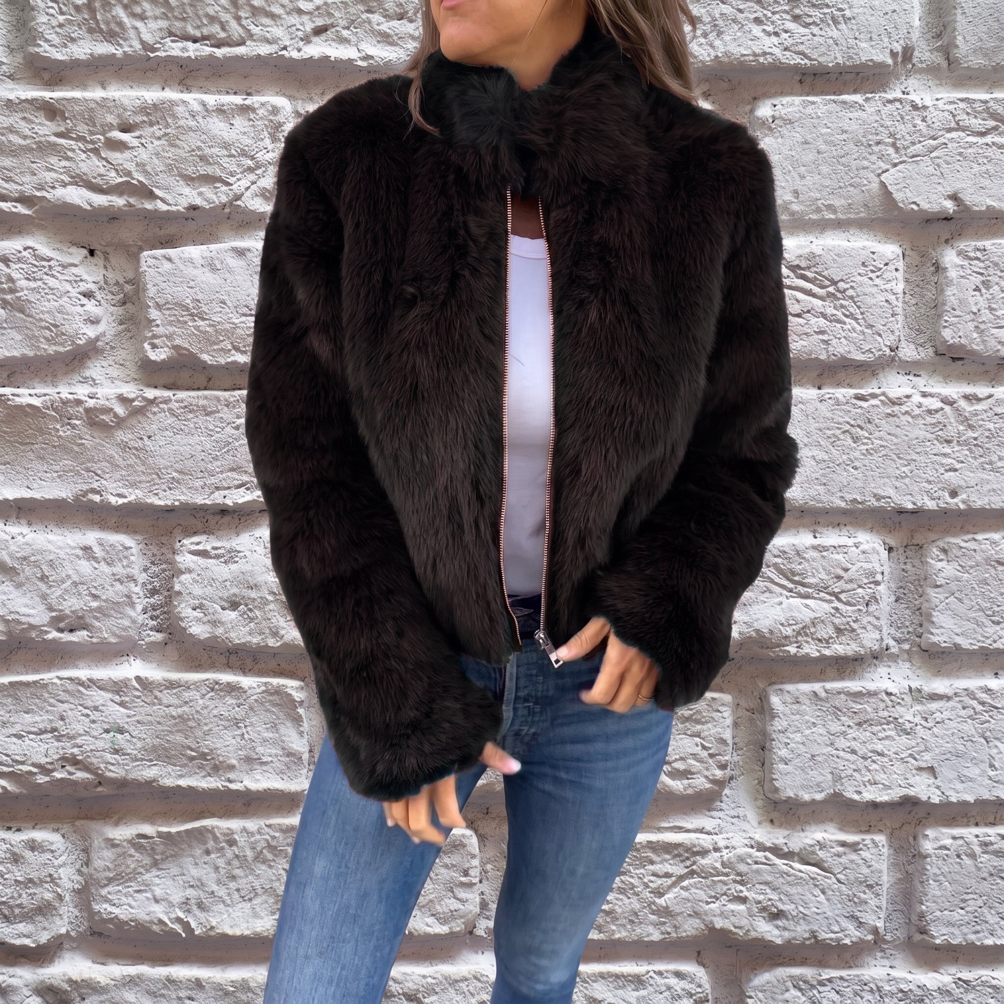 Charlotte - Women's Cropped Fluffy Jacket with Stand Collar - Wrap Coat - Black - Parker&Brooks