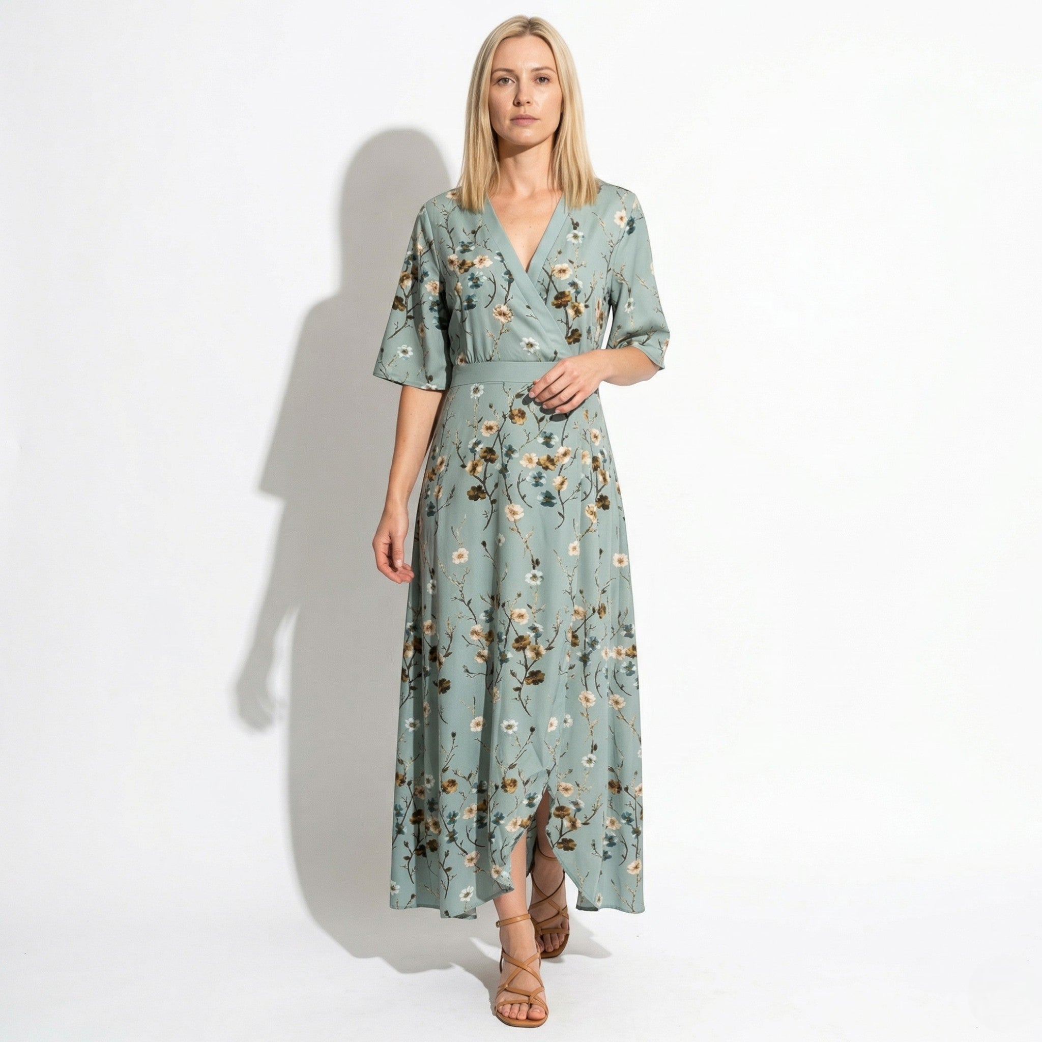 Charlotte - Women's Floral Print V - Neck Wrap Maxi Dress - Maxi Dress - Green - Parker&Brooks