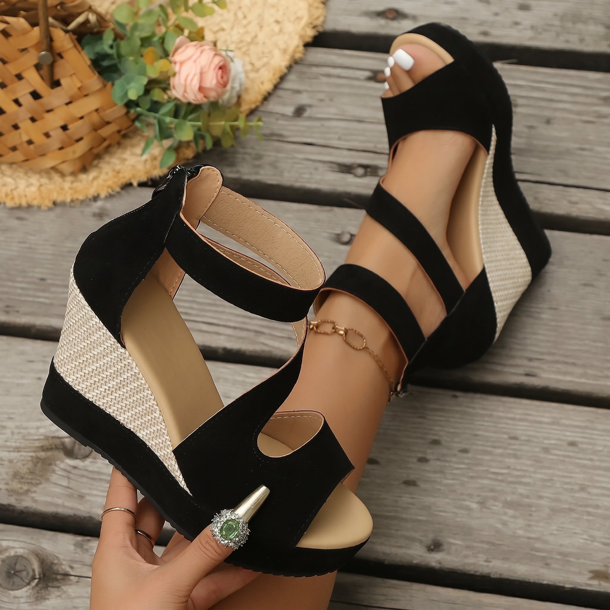 Charlotte - Women's High Wedge Sandals with Ankle Zip - Sandals - Black - Parker&Brooks