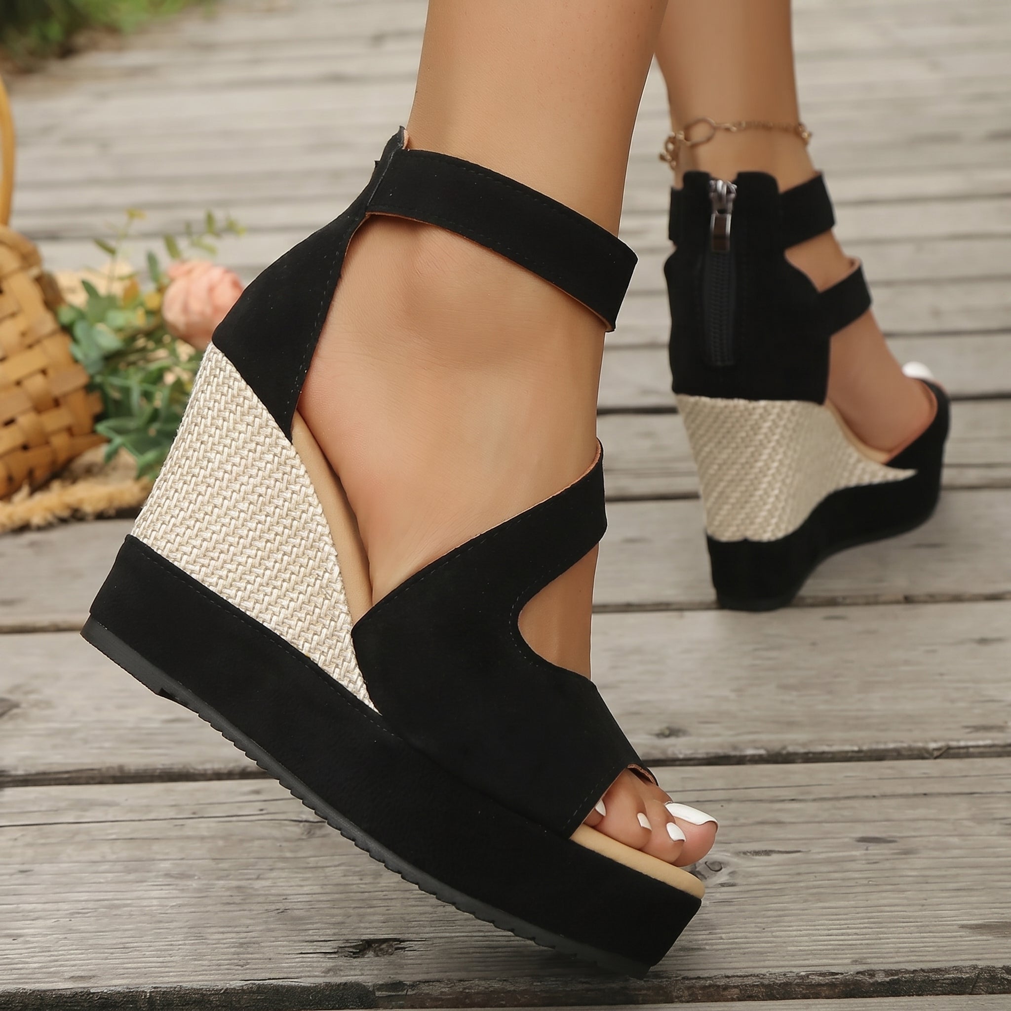 Charlotte - Women's High Wedge Sandals with Ankle Zip - Sandals - Black - Parker&Brooks