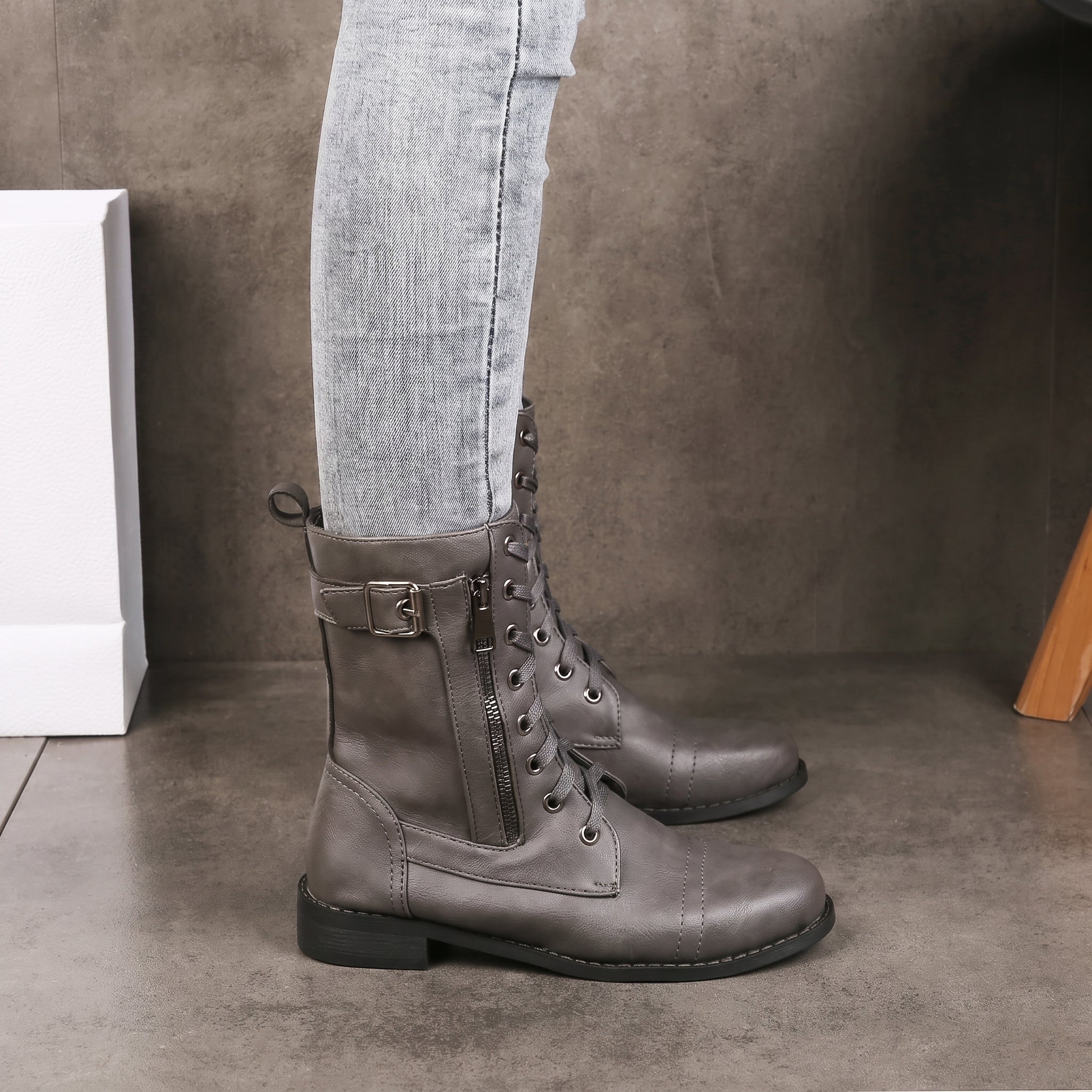 Charlotte - Women's Lace-Up Mid-Calf Boots with Buckle Strap - Boots - Gray - Parker&Brooks