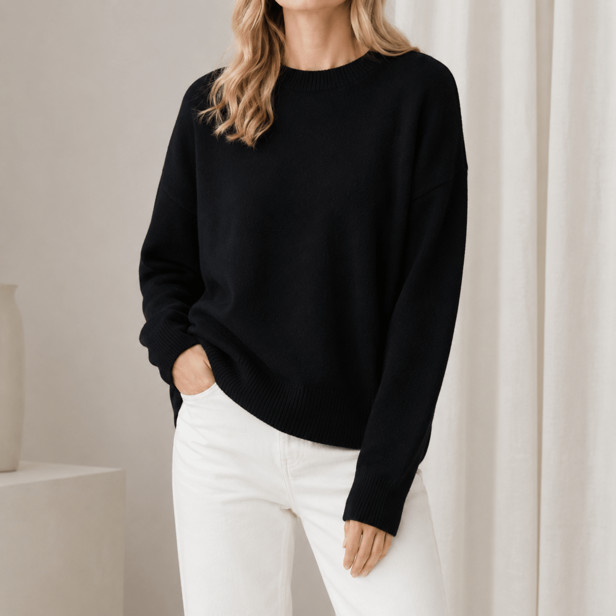 Charlotte - Women's Oversized Crewneck Sweater with Ribbed Cuffs - Sweaters - Black - Parker&Brooks