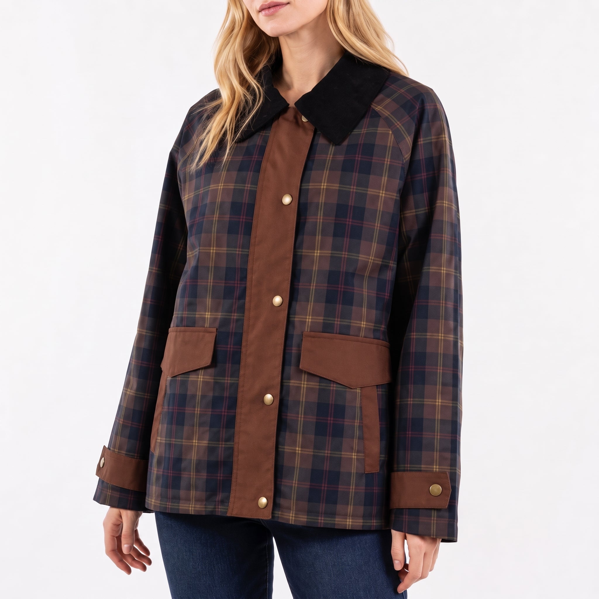 Charlotte - Women's Oversized Plaid Transitional Jacket with Contrast Collar - Wrap Coat - Brown - Parker&Brooks