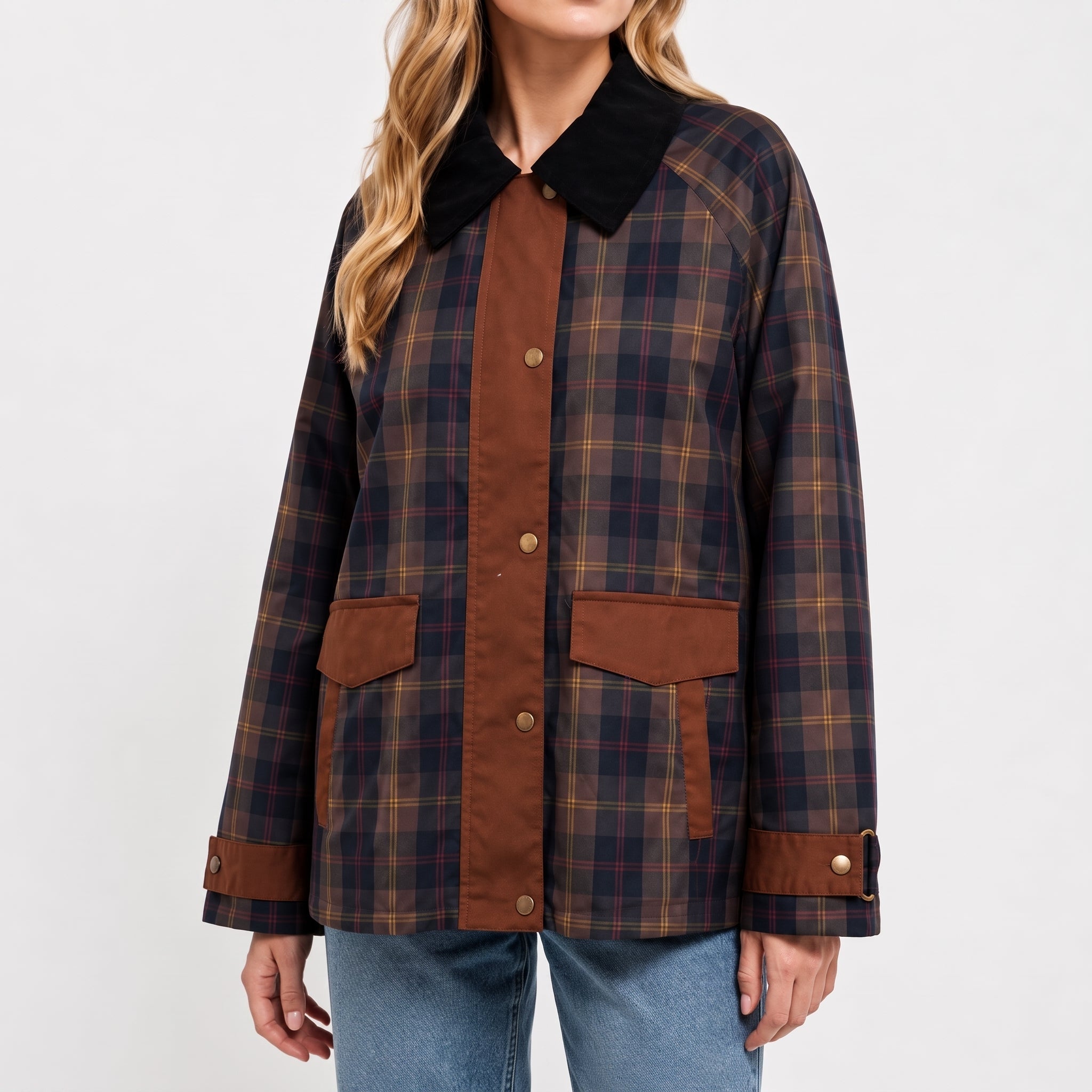 Charlotte - Women's Oversized Plaid Transitional Jacket with Contrast Collar - Wrap Coat - Brown - Parker&Brooks