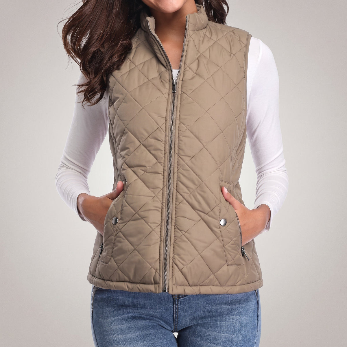 Charlotte - Women's Quilted Zip-Front Gilet with Stand Collar - Vests - Khaki - Parker&Brooks