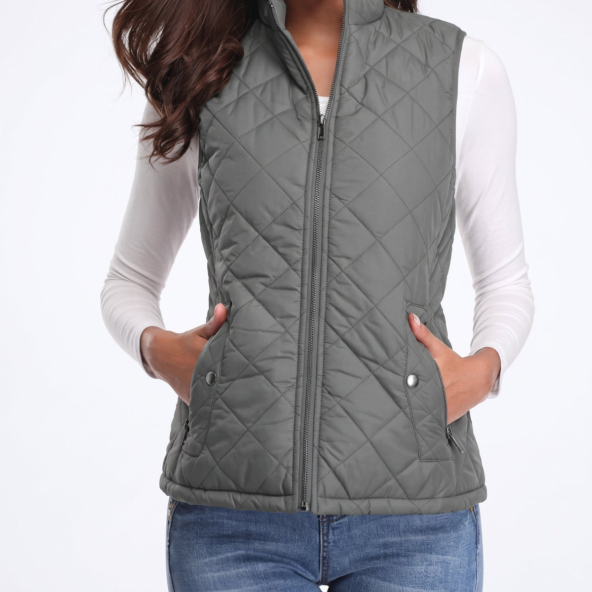 Charlotte - Women's Quilted Zip-Front Gilet with Stand Collar - Vests - Gray - Parker&Brooks