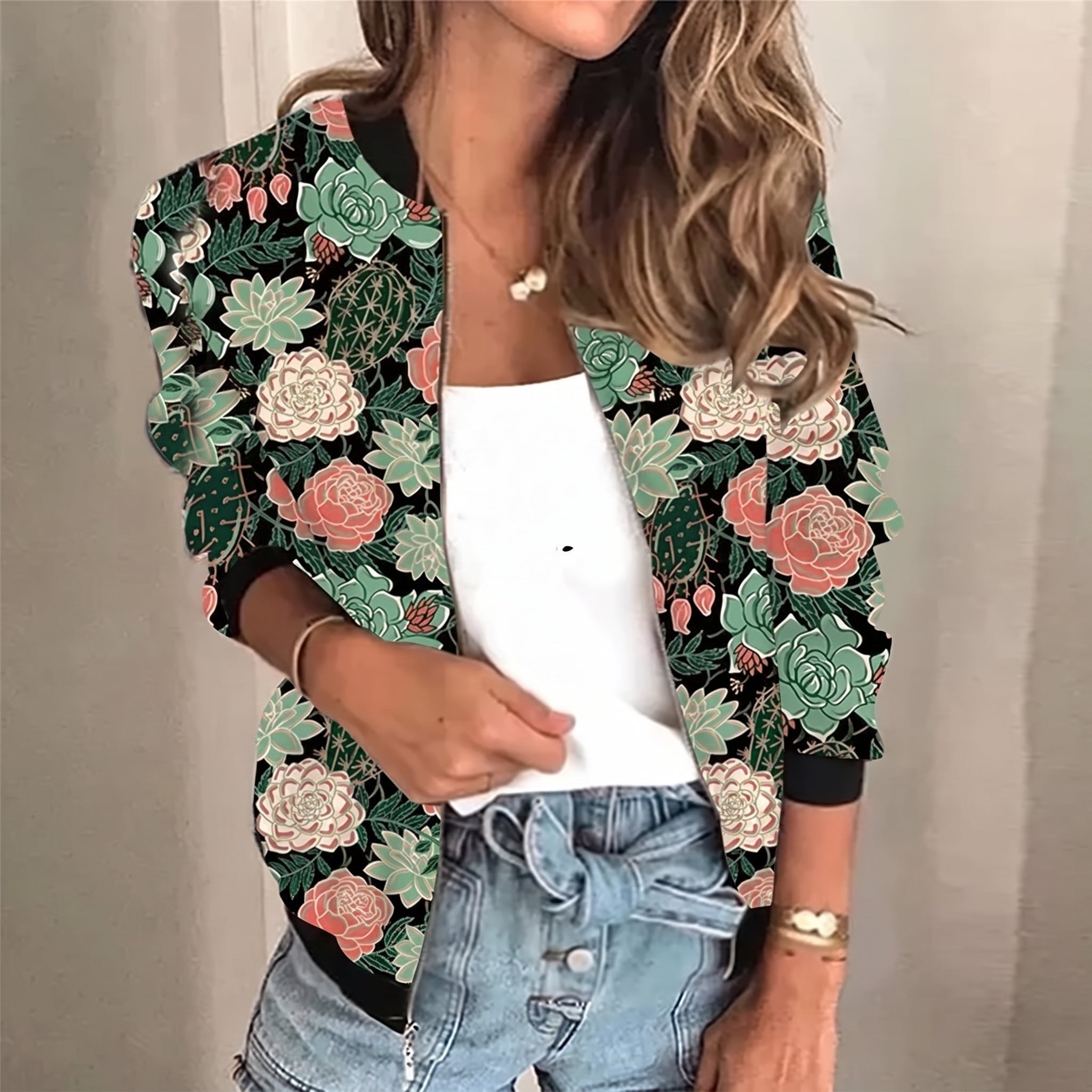 Charlotte - Women's Relaxed Fit Lightweight Printed Jacket - Jackets - Green - Parker&Brooks