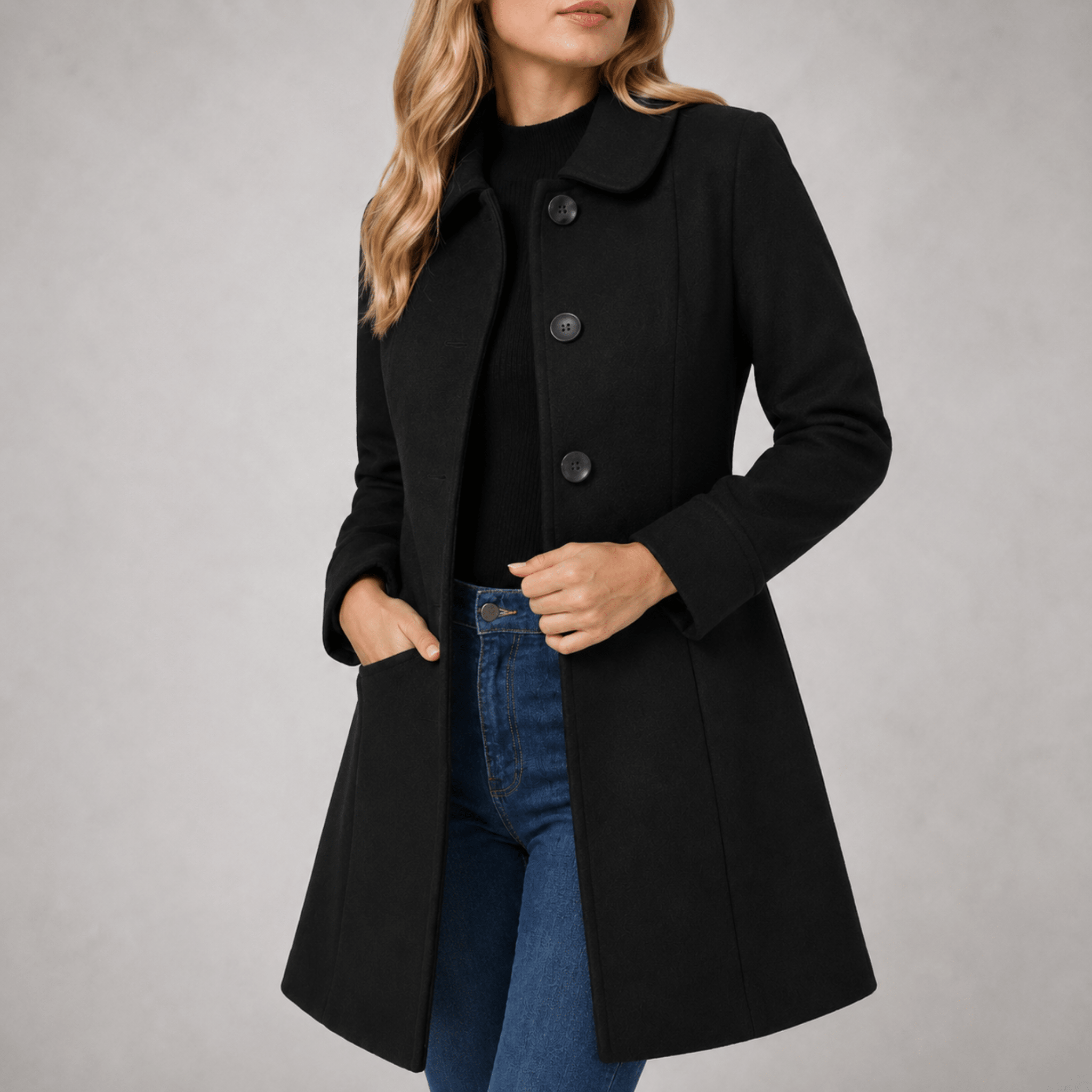 Charlotte - Women's Tailored Single-Breasted Coat with Notch Collar - Overcoats - Black - Parker&Brooks