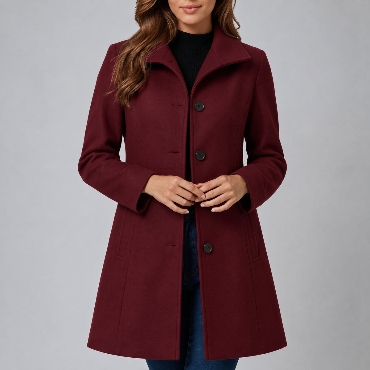 Charlotte - Women's Tailored Single-Breasted Coat with Notch Collar - Overcoats - Burgundy - Parker&Brooks