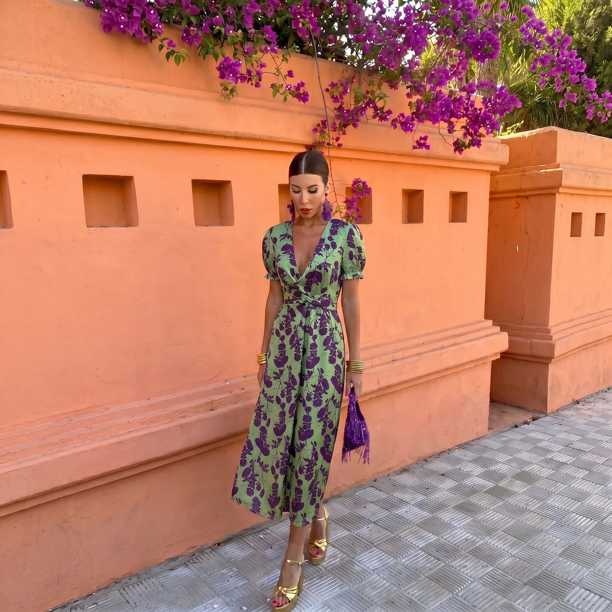 Charlotte - Women's Wedding Guest Floral Wrap Midi Dress - Midi Dress - Green - Parker&Brooks