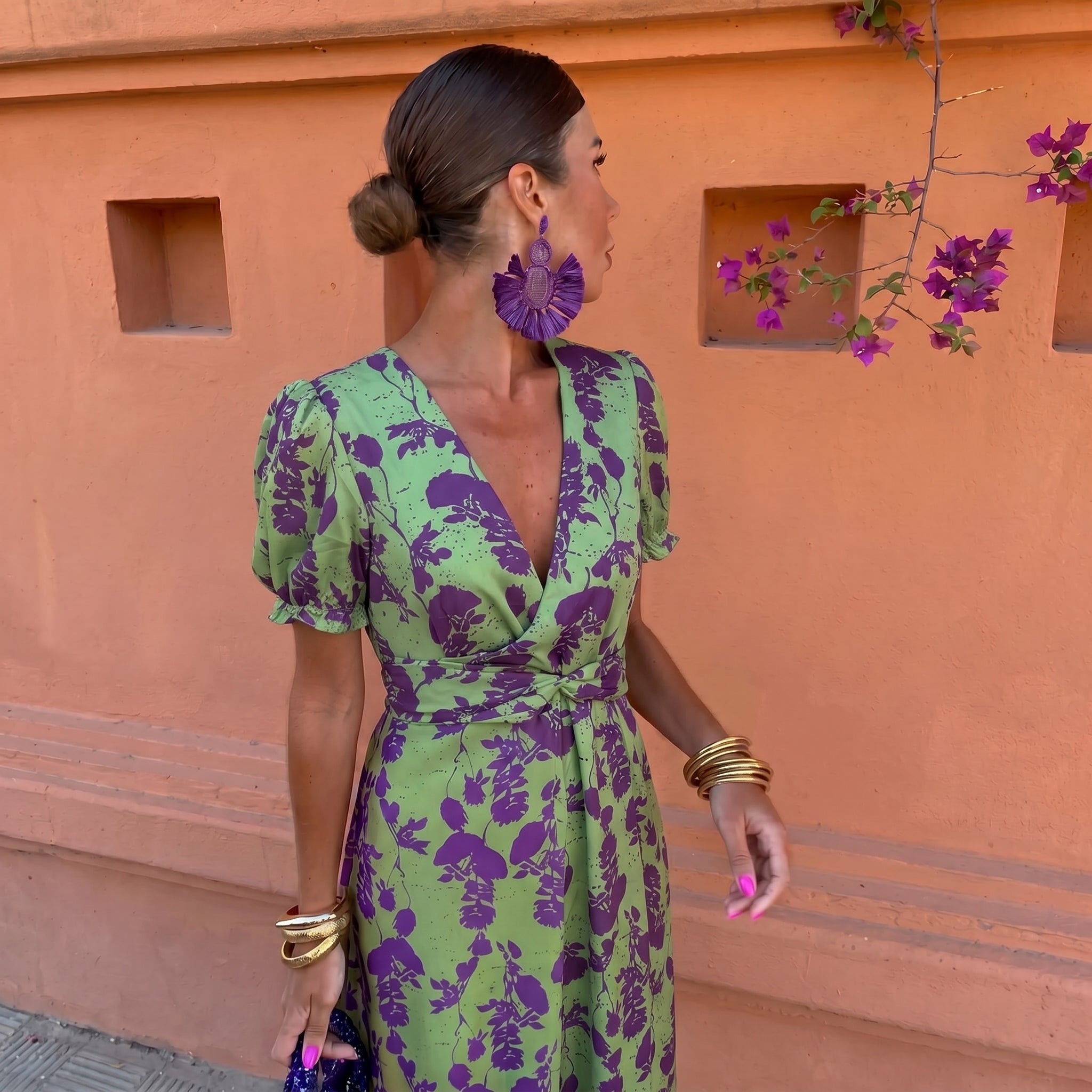 Charlotte - Women's Wedding Guest Floral Wrap Midi Dress - Midi Dress - Green - Parker&Brooks