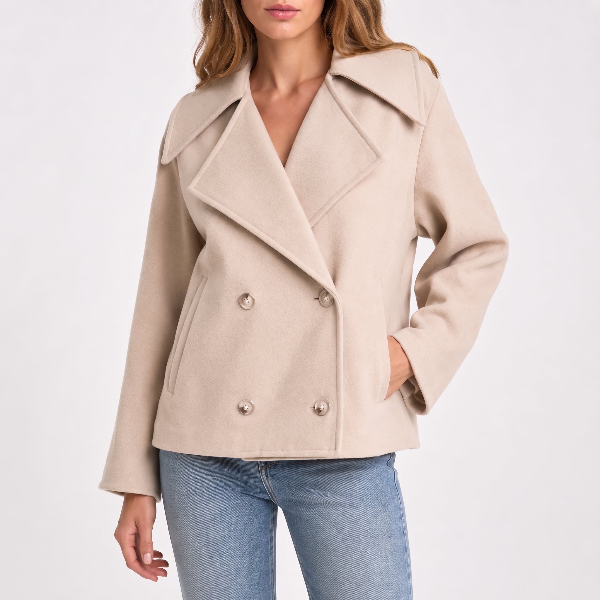 Charlotte - Women's Wide Lapel Cropped Double-Breasted Jacket - Pea Coats - Beige - Parker&Brooks