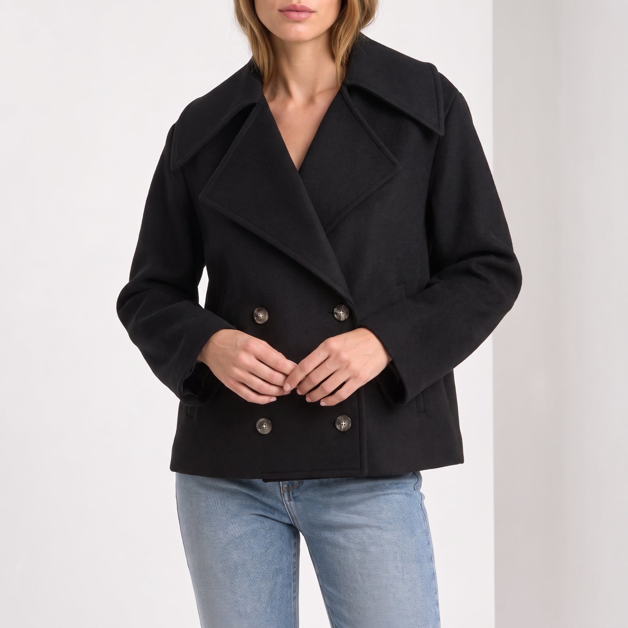 Charlotte - Women's Wide Lapel Cropped Double-Breasted Jacket - Pea Coats - Black - Parker&Brooks