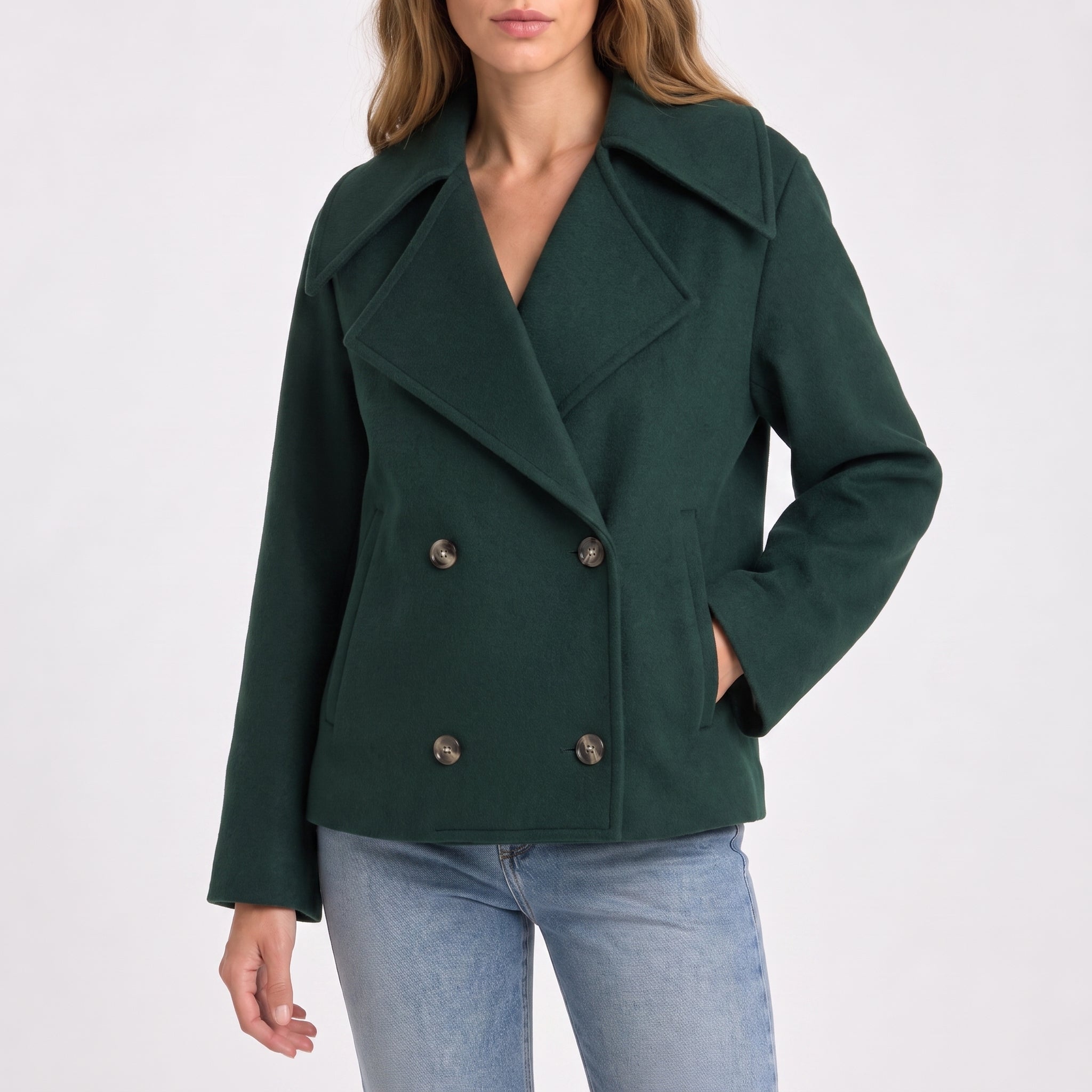 Charlotte - Women's Wide Lapel Cropped Double-Breasted Jacket - Pea Coats - Green - Parker&Brooks