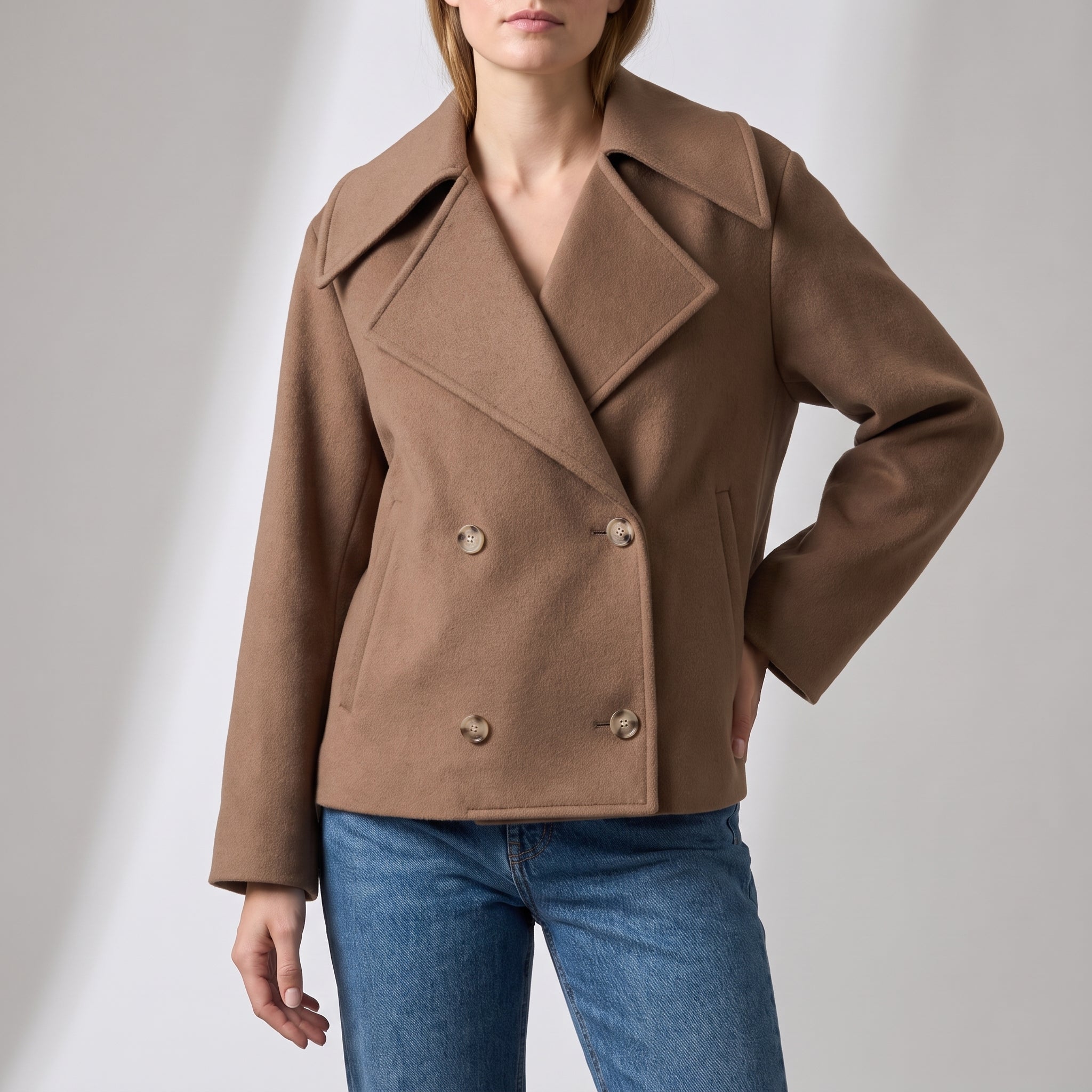 Charlotte - Women's Wide Lapel Cropped Double-Breasted Jacket - Pea Coats - Brown - Parker&Brooks