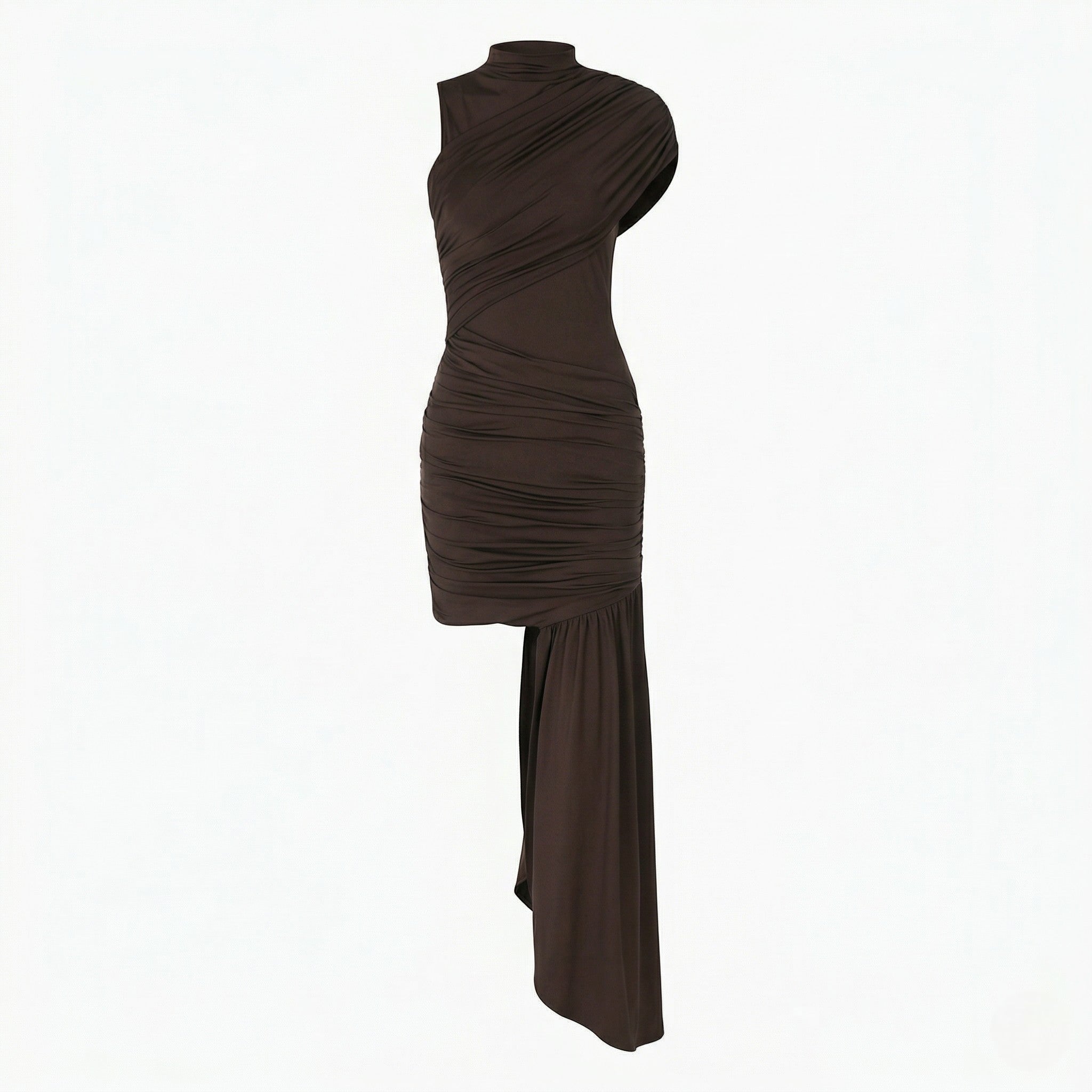 Chloe - Women’s Evening Asymmetric Ruched Mini Dress - Dress - Brown - Parker&Brooks