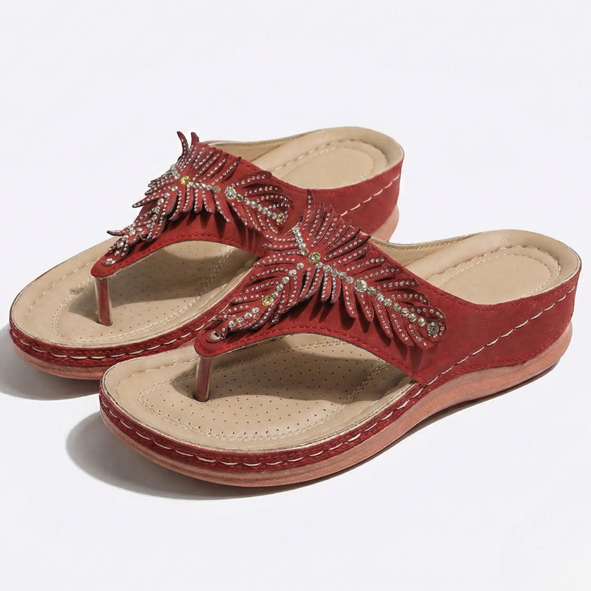 Chloe - Women's Beaded Wedge Sandals - Sandals - Red - Parker&Brooks