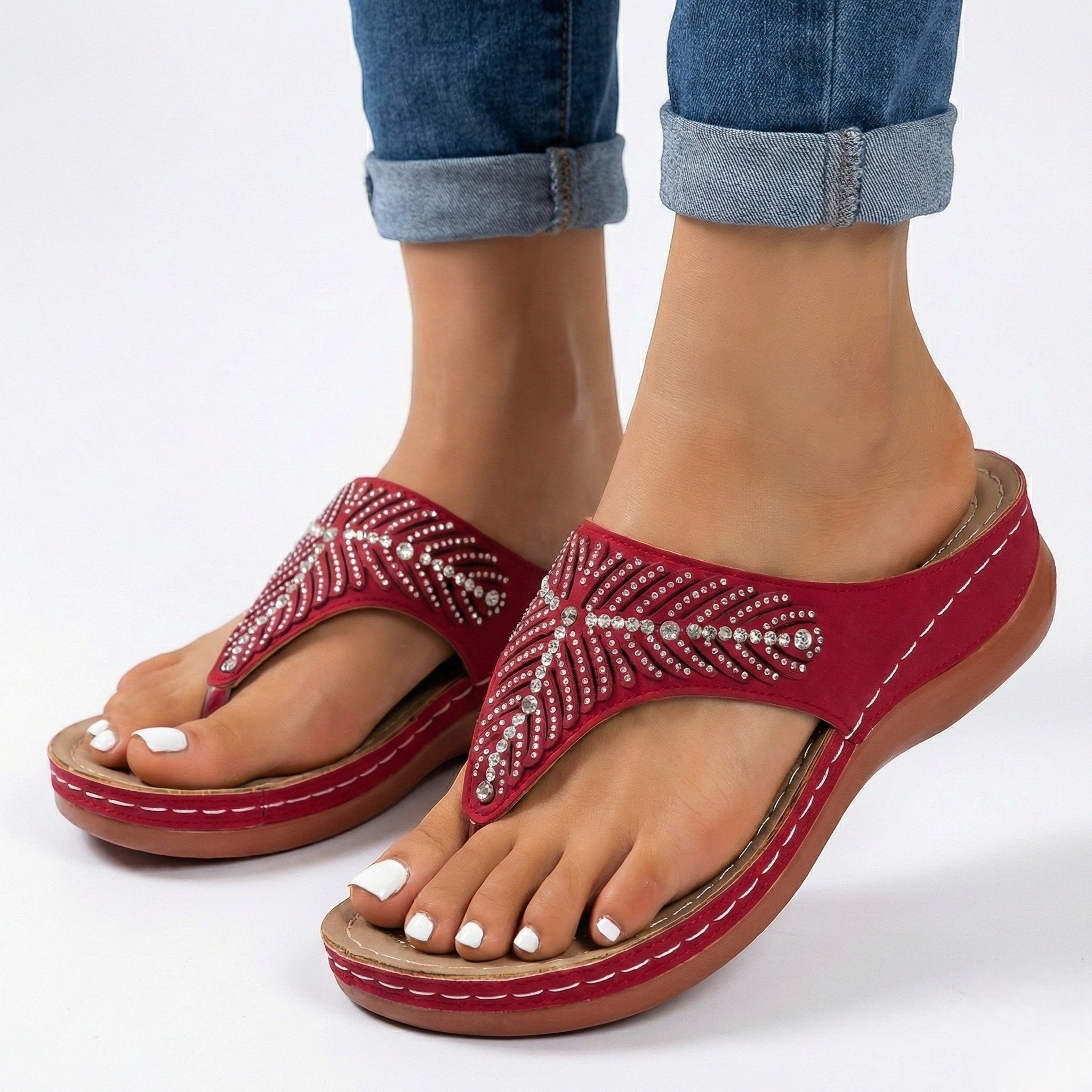 Chloe - Women's Beaded Wedge Sandals - Sandals - Red - Parker&Brooks